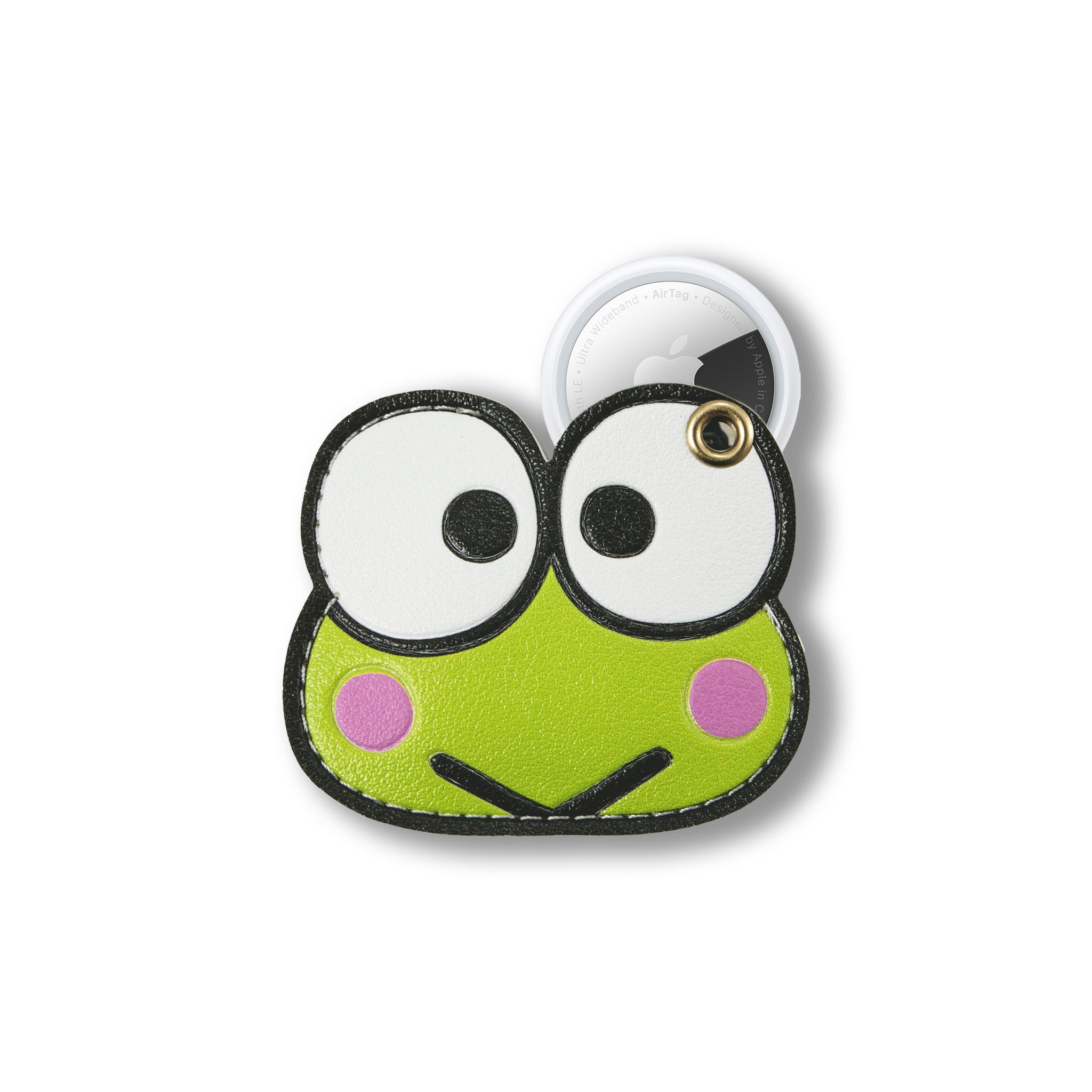 Keroppi AirTag keychain attached to keys showing vibrant design