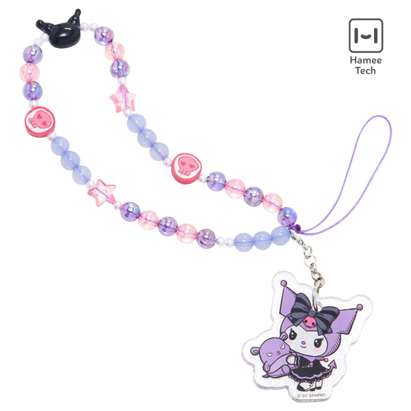 Close-up of Kuromi beaded charm wrist strap phone case showing detail.