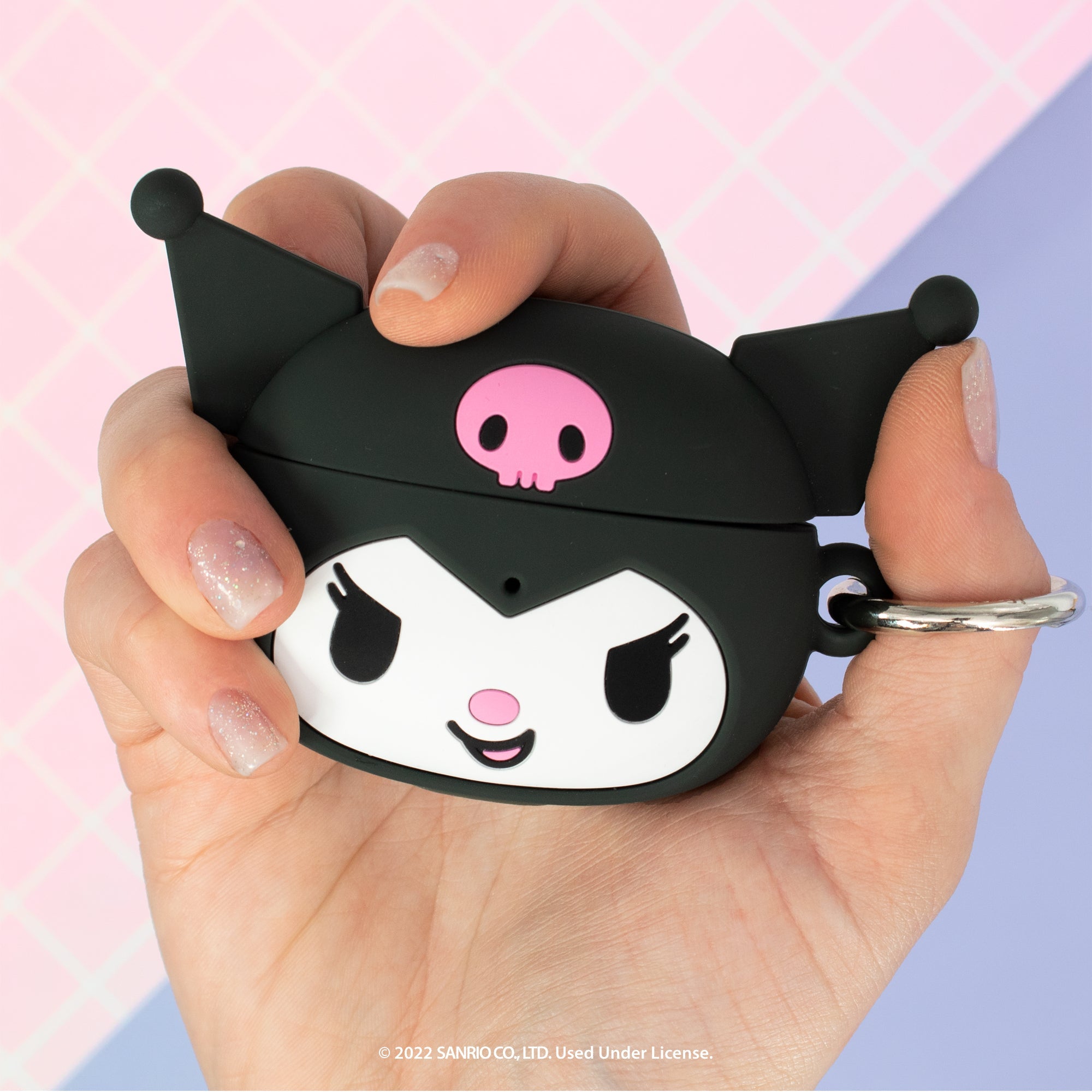 Kuromi AirPods case with carabiner clip, front view