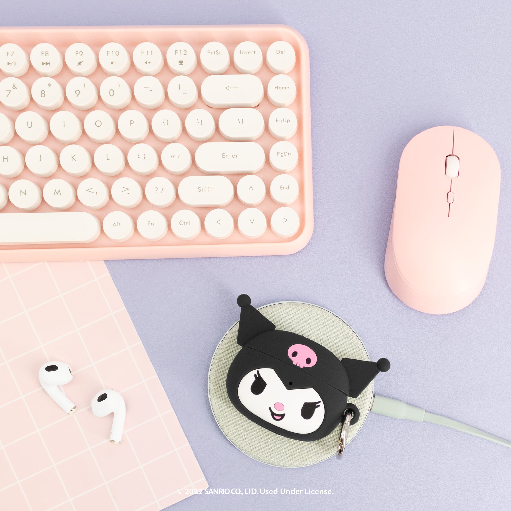 Kuromi AirPods case with carabiner clip, front view