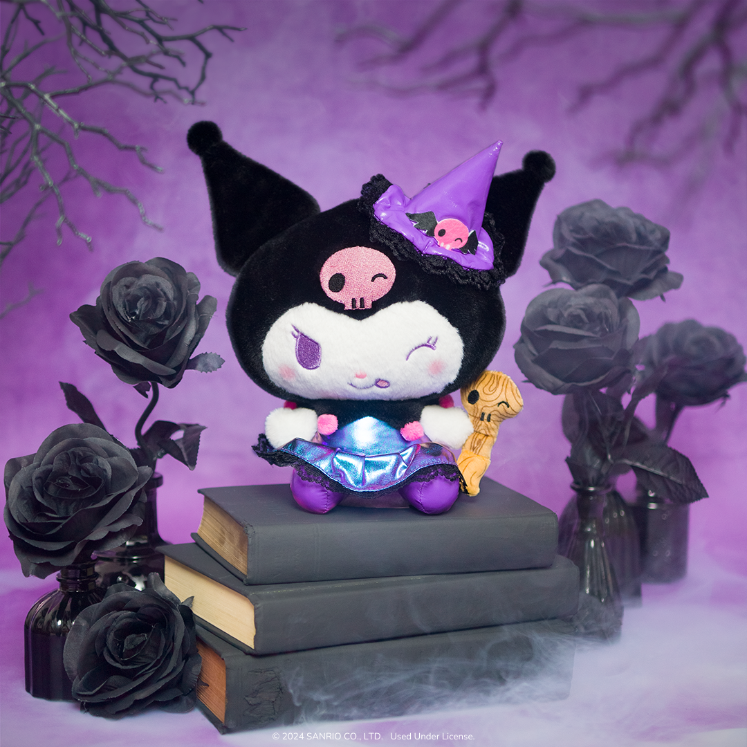 Side view of Kuromi anime plush showing embroidered metallic accents