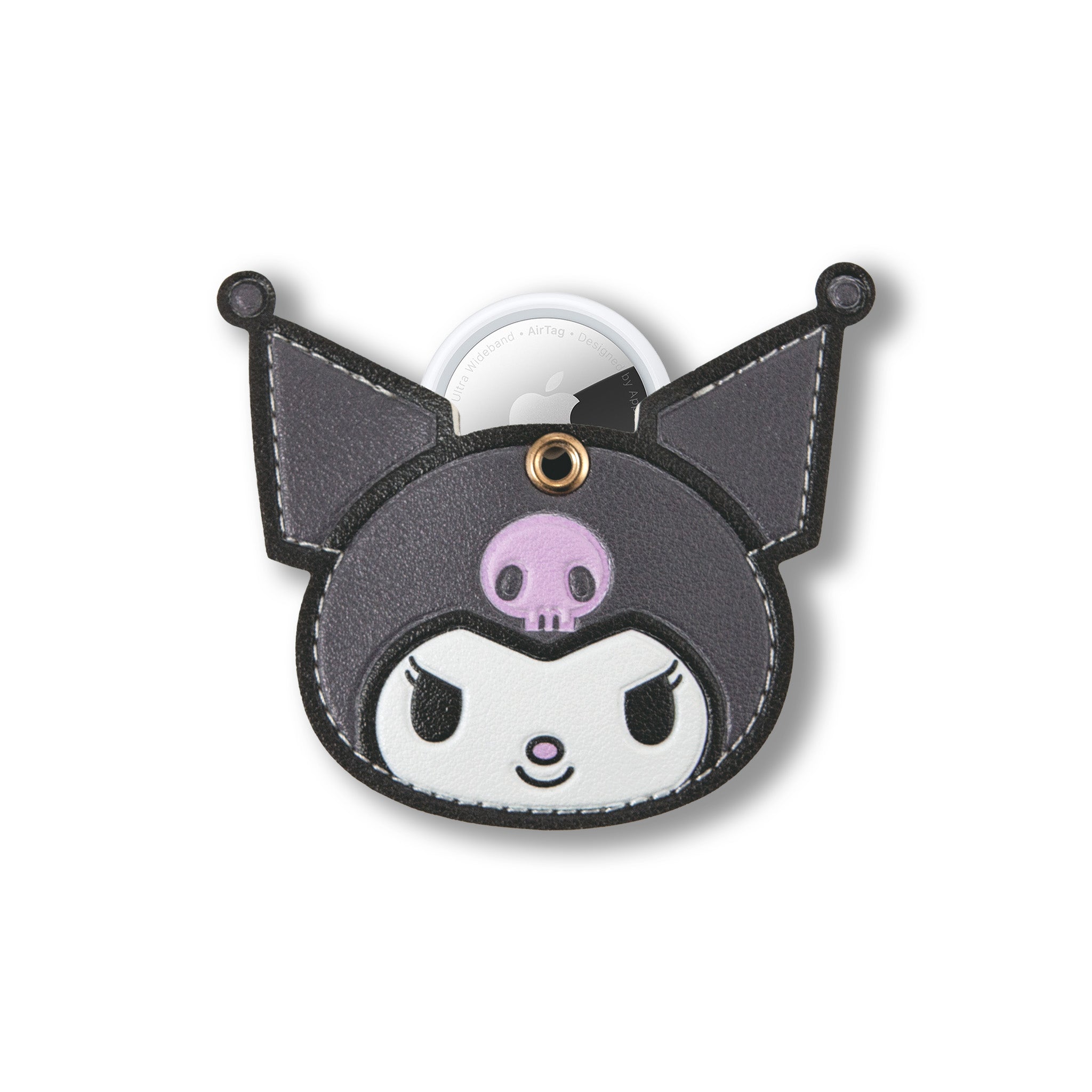 Kuromi leather AirTag keychain attached to a backpack