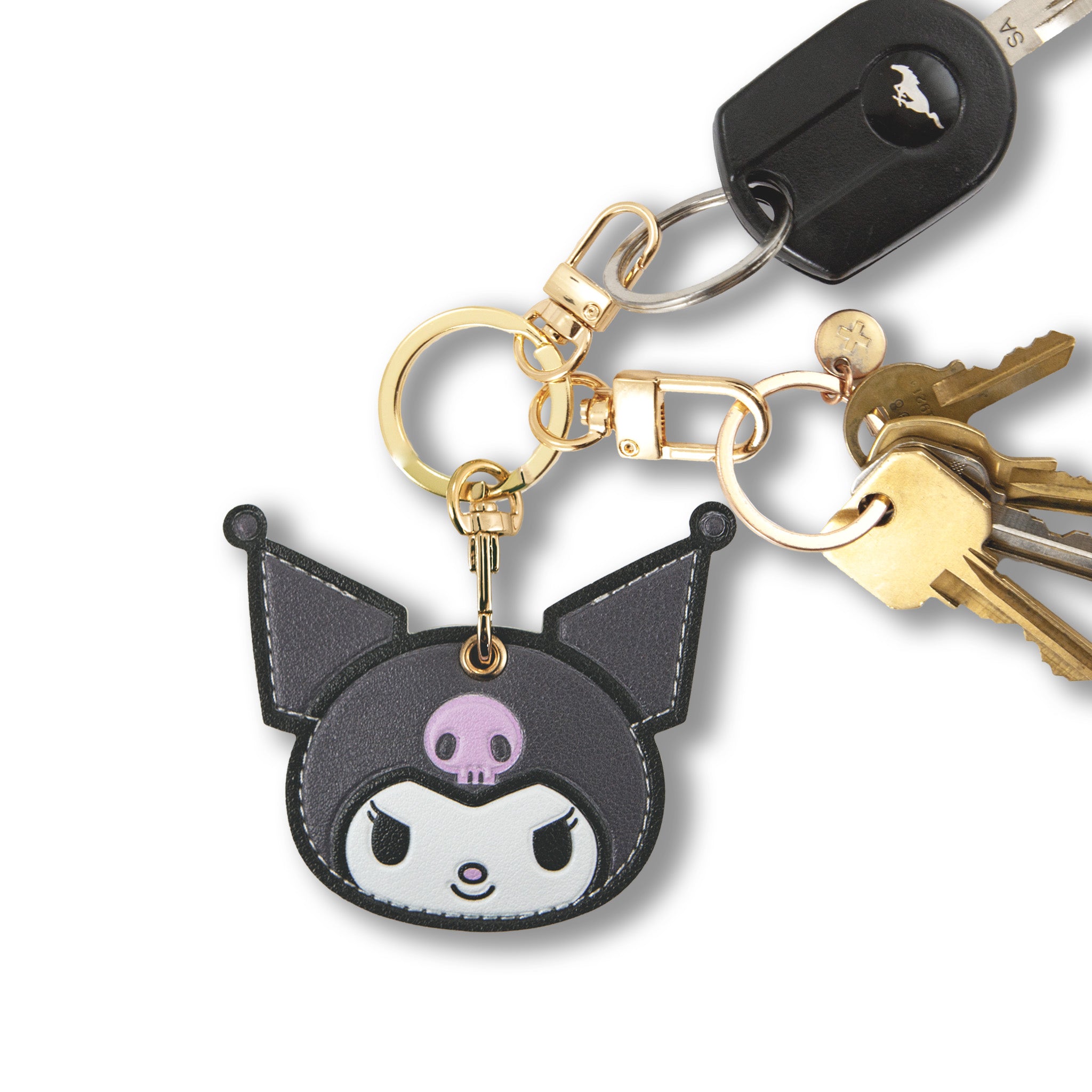 Close-up of custom leather keyring showing Kuromi charm