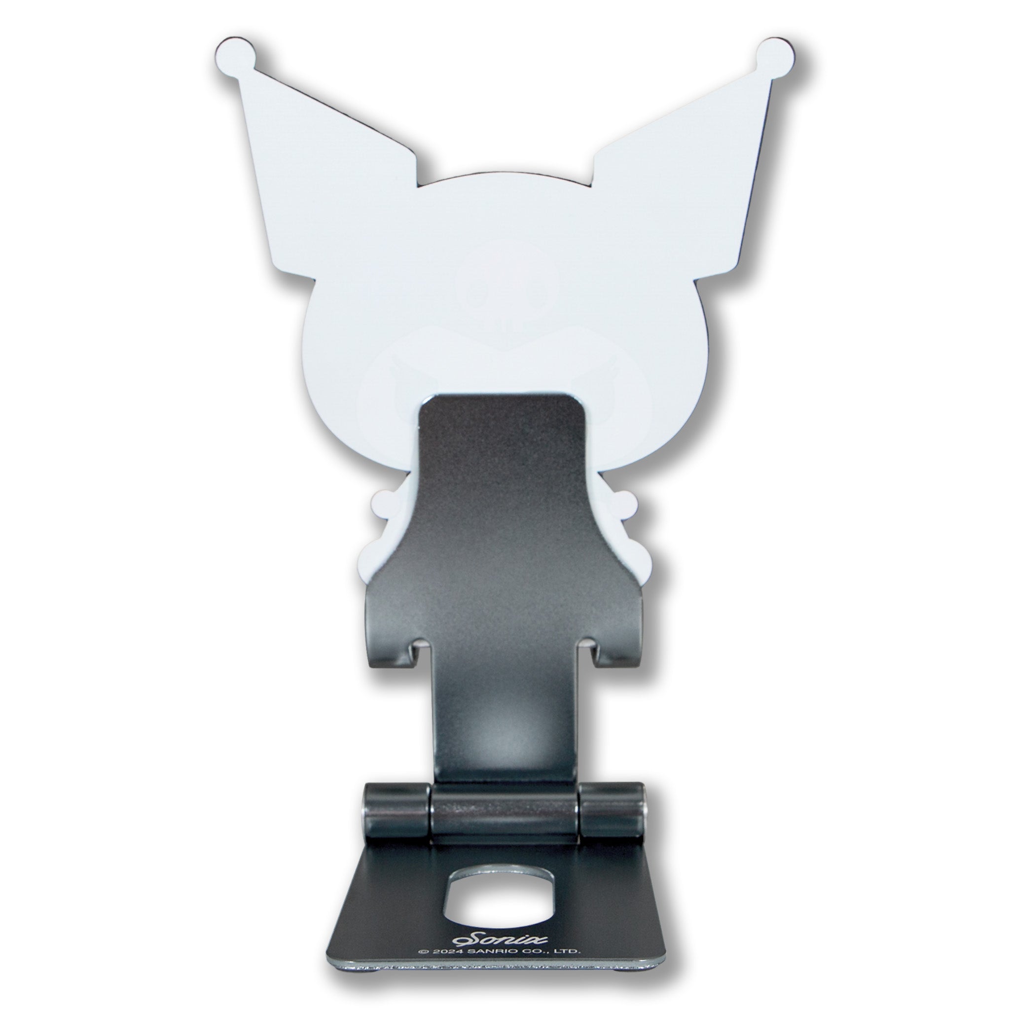 Close-up of Kuromi x Sonix adjustable phone stand on a desk, showing its charming design