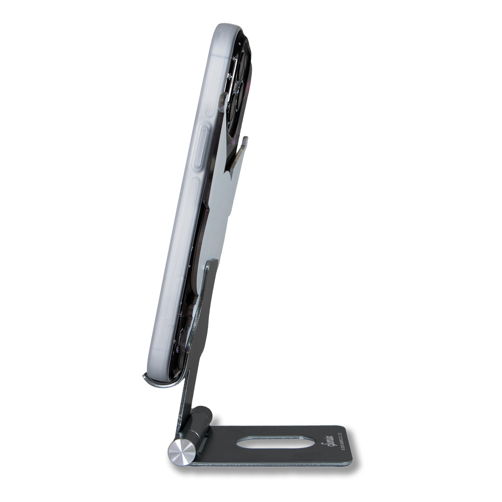 Close-up of Kuromi x Sonix adjustable phone stand on a desk, showing its charming design