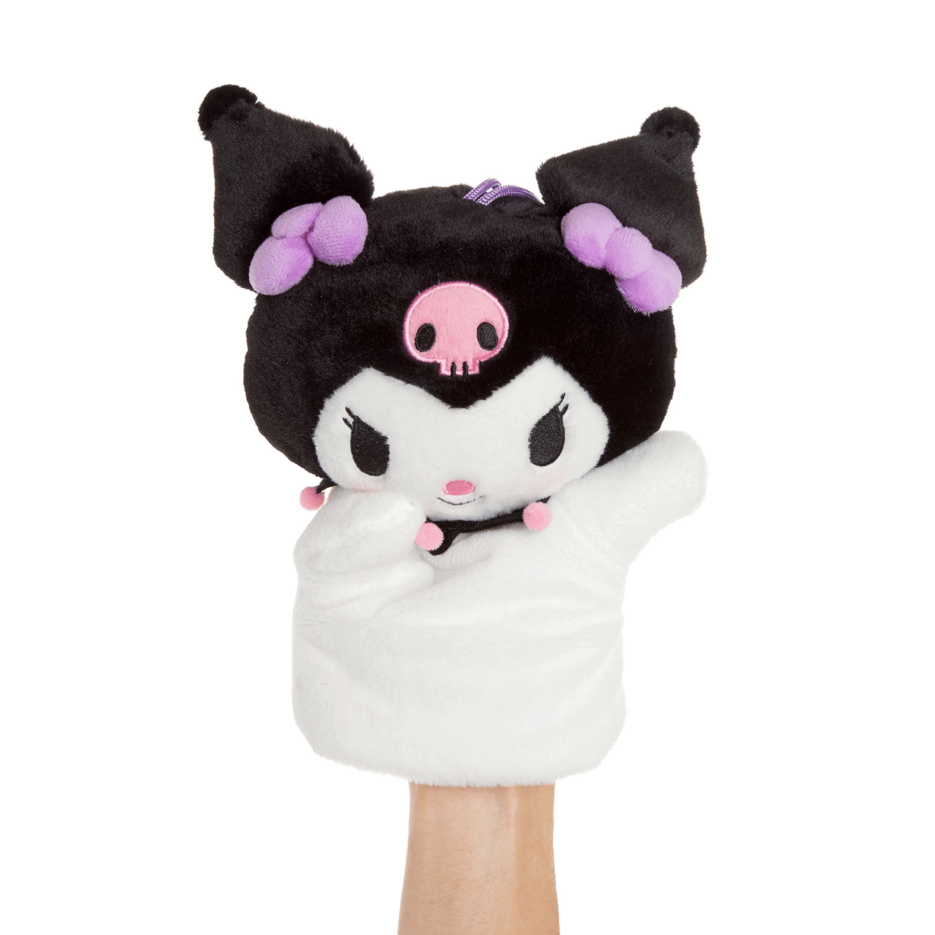 Close-up of Sanrio Kuromi plush hand puppet with embroidered details.