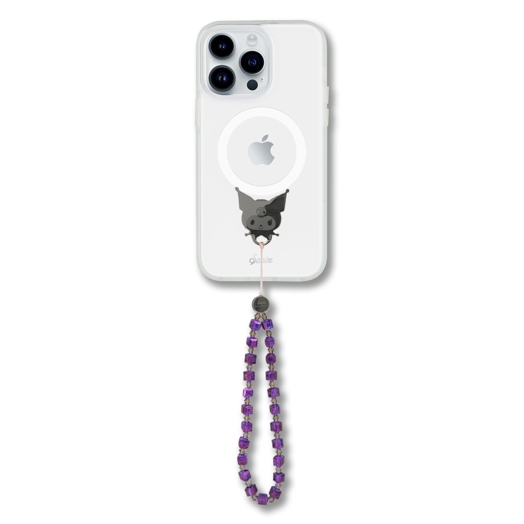 Close-up of Kuromi beaded phone wristlet attached to a phone
