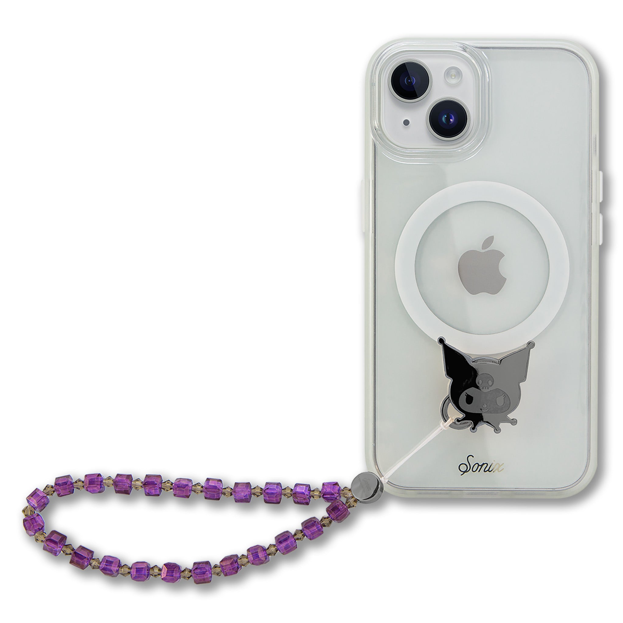 Lifestyle photo of wristlet phone case held during casual West Coast outing.