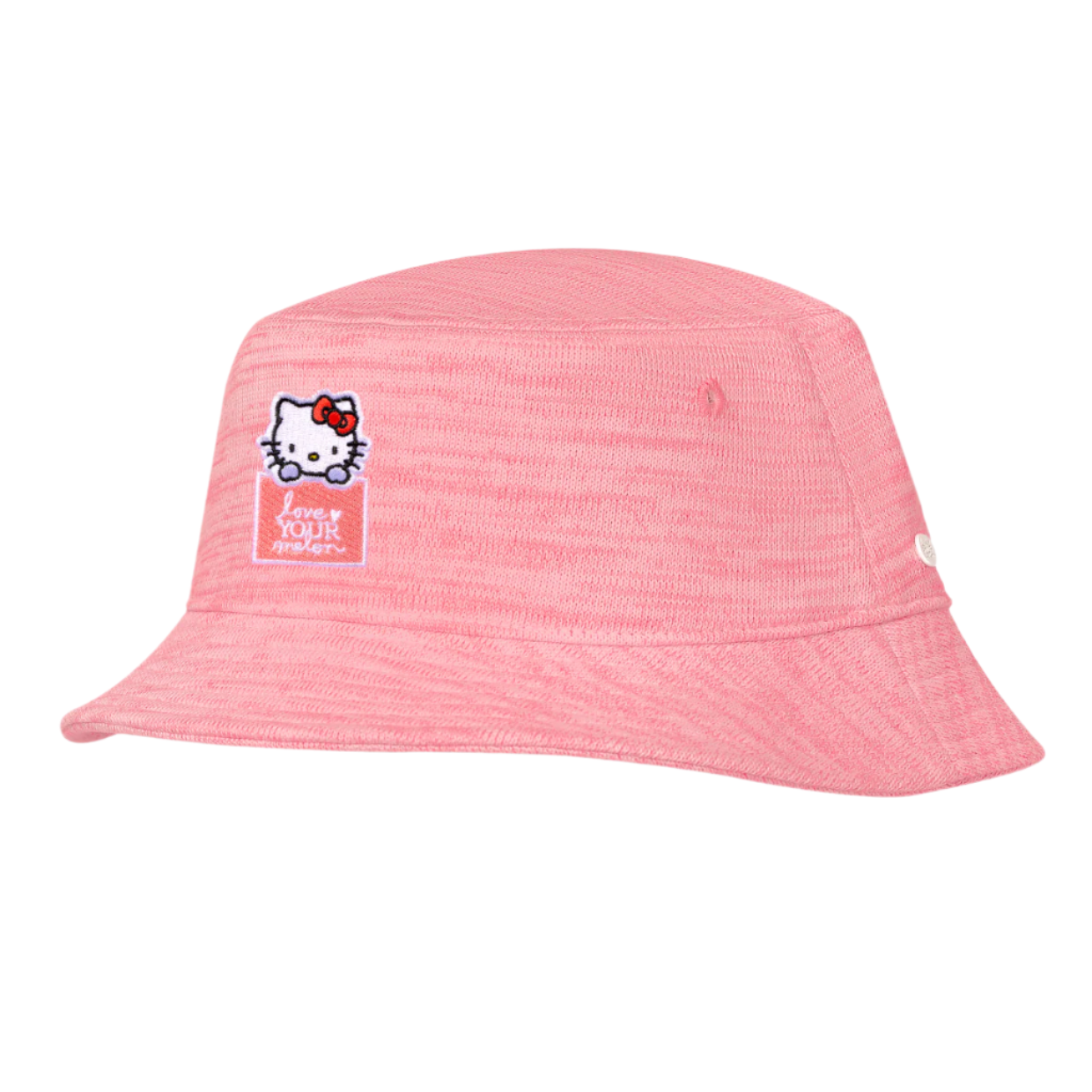 Front view of the Hello Kitty bucket hat showcasing its pink color and logo.