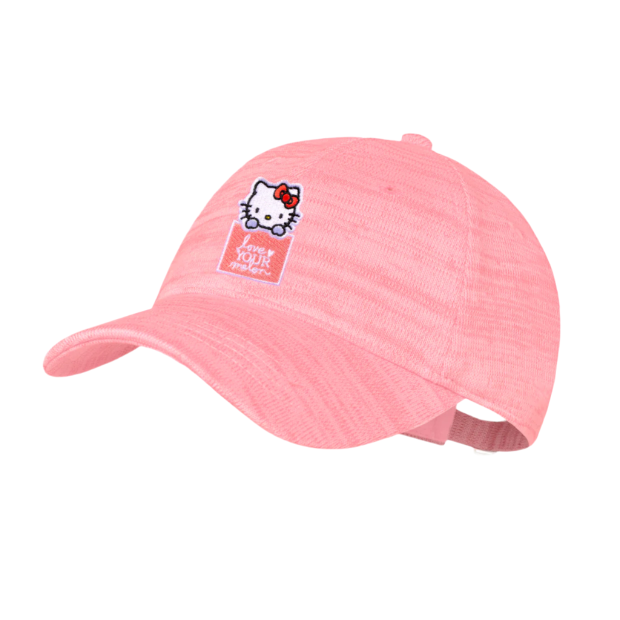 Close-up of the Hello Kitty Love Your Melon cap showcasing its pink color and logo.