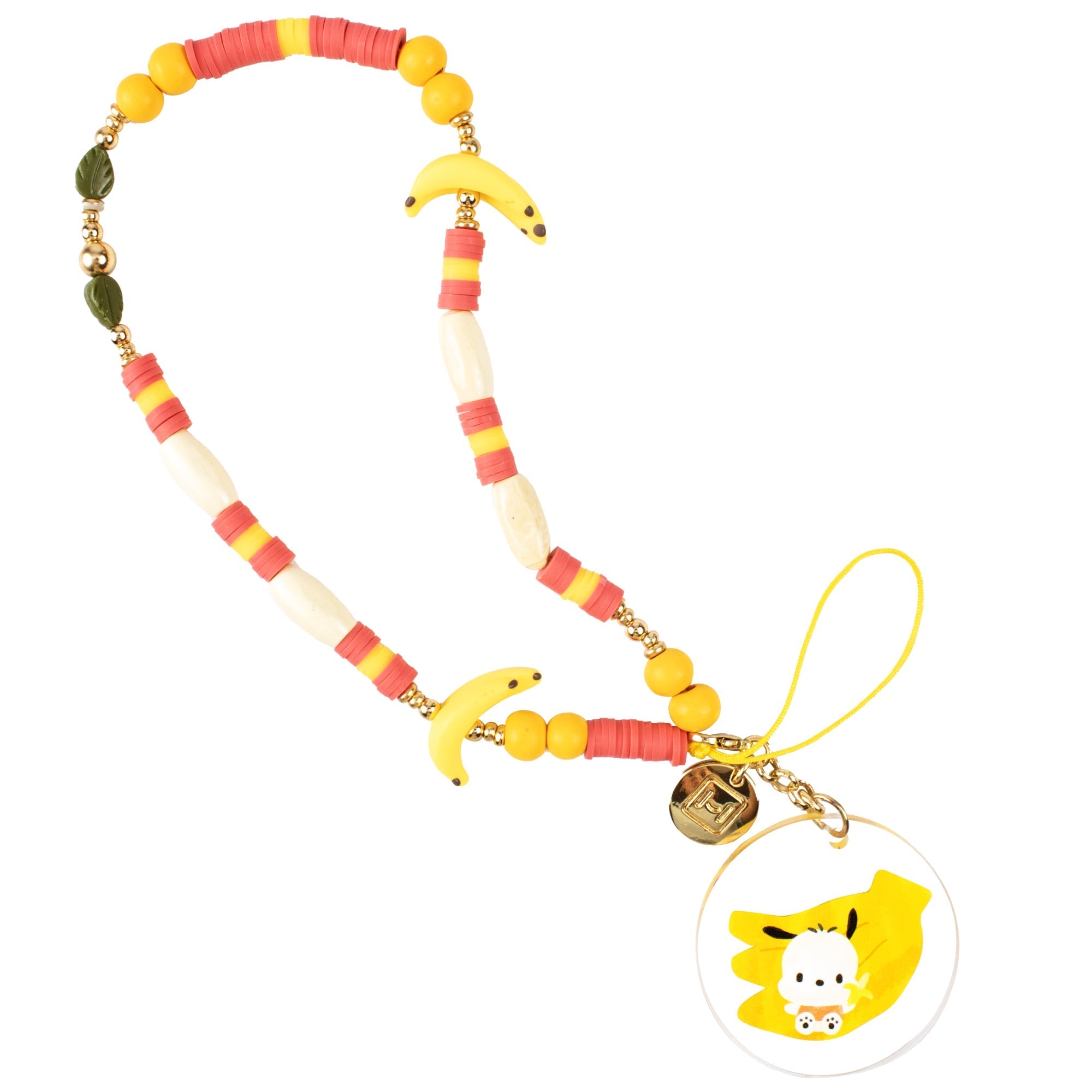 Pochacco beaded phone strap with banana beads and detachable charm on a wrist