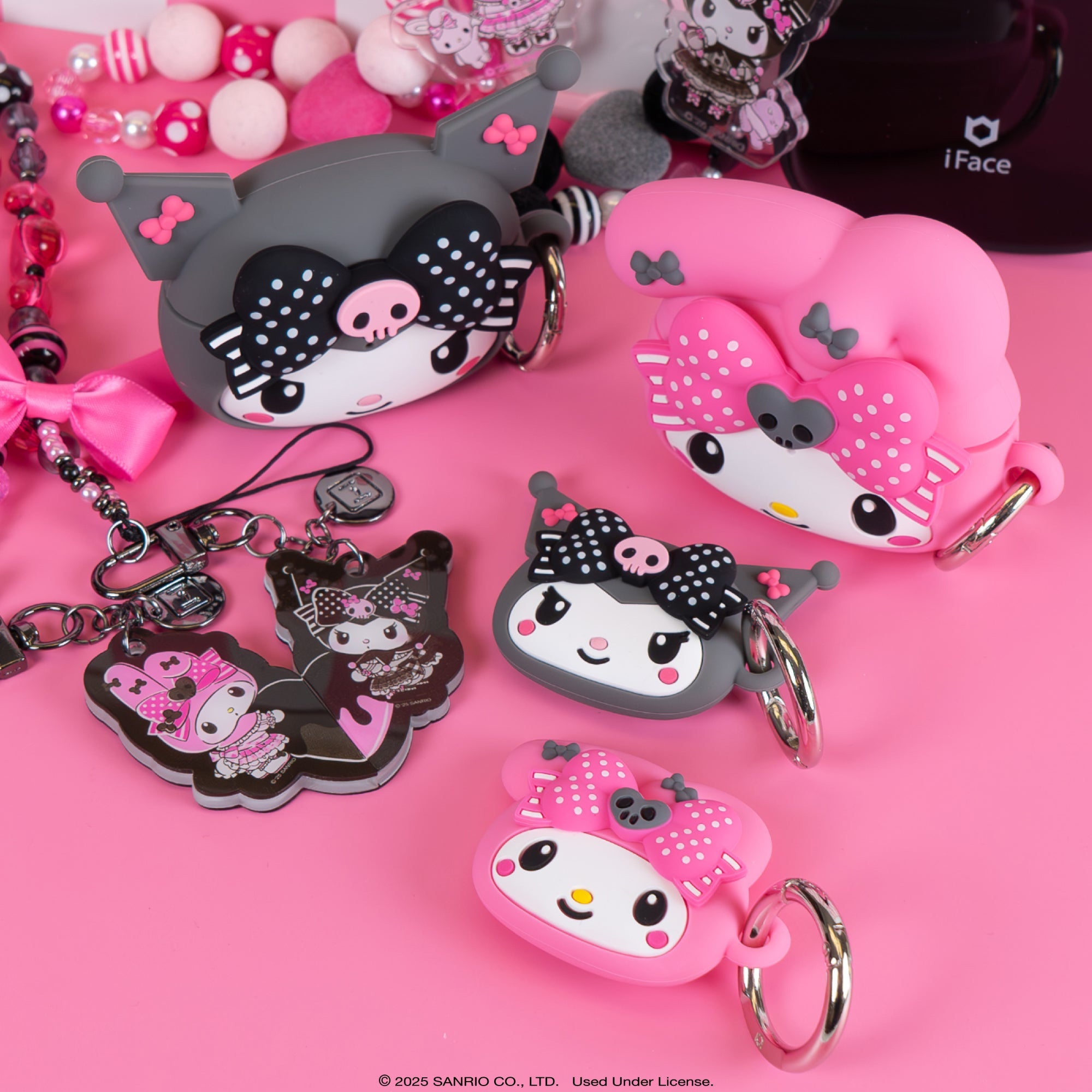 Close-up of My Melody and Kuromi AirTag cases