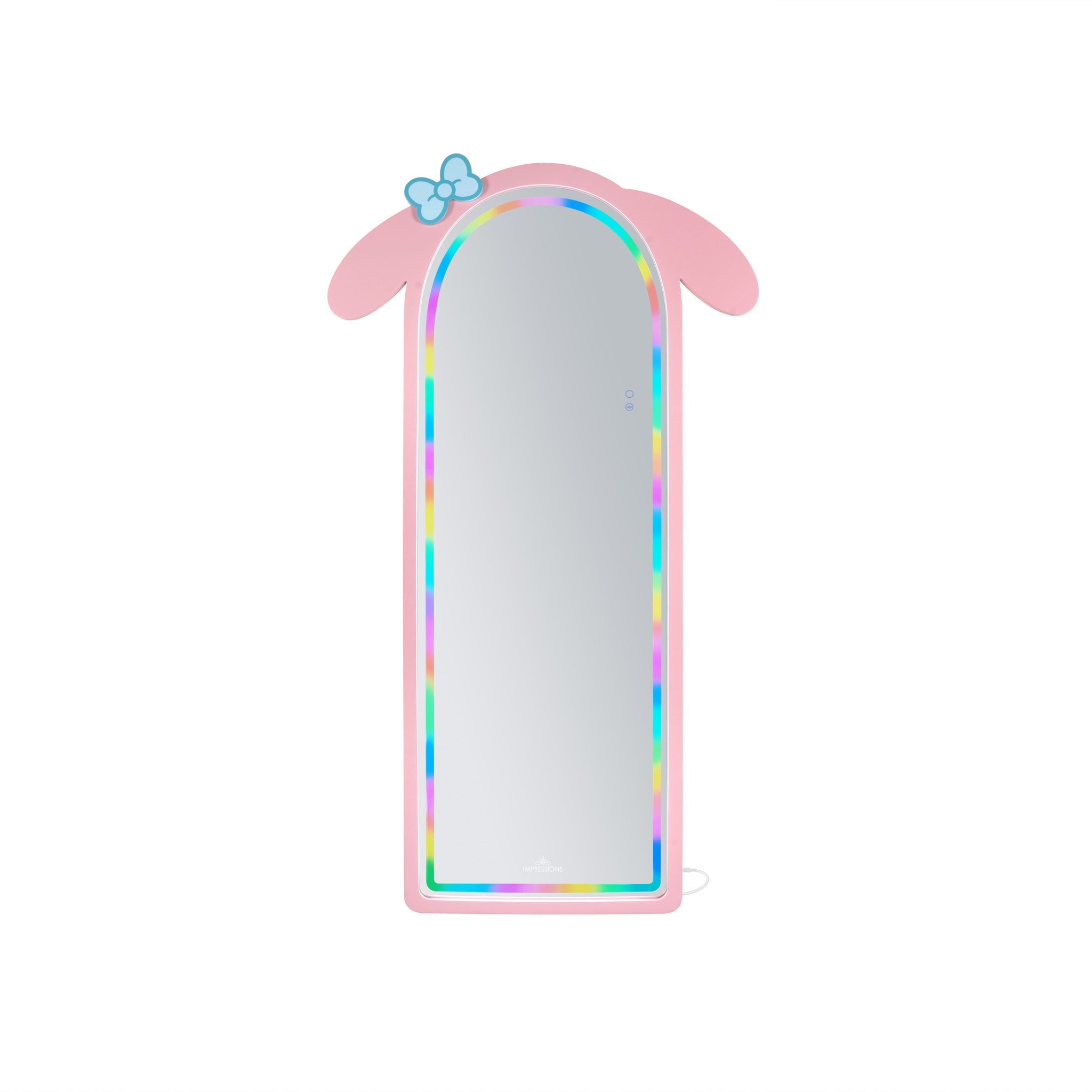 Close-up of the mirror’s LED controls and jewelry storage compartment