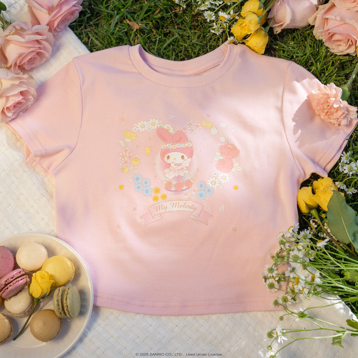 Front view of My Melody crop tee with heart-shaped floral artwork.