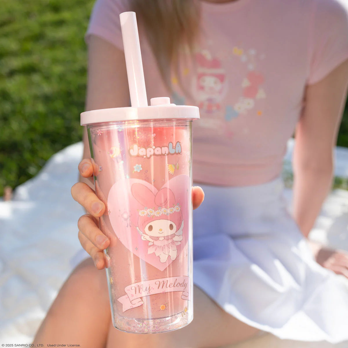My Melody plush-style artwork details across the body of the boba cup in soft pastel tones
