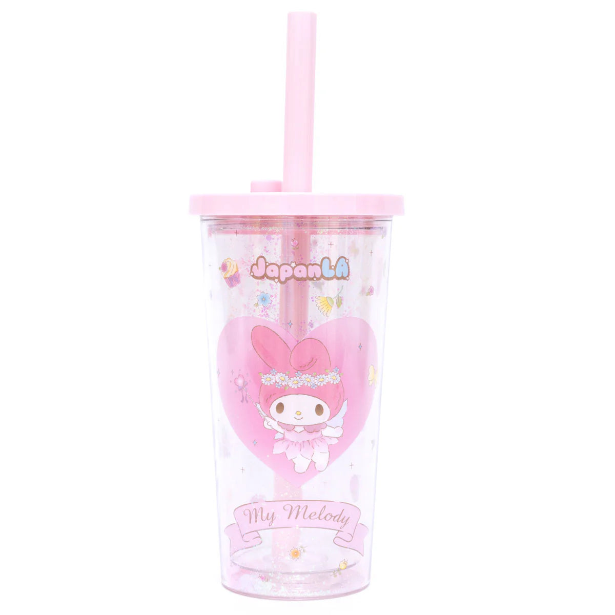 Front view of My Melody glitter boba cup with heart wand and flower crown detail