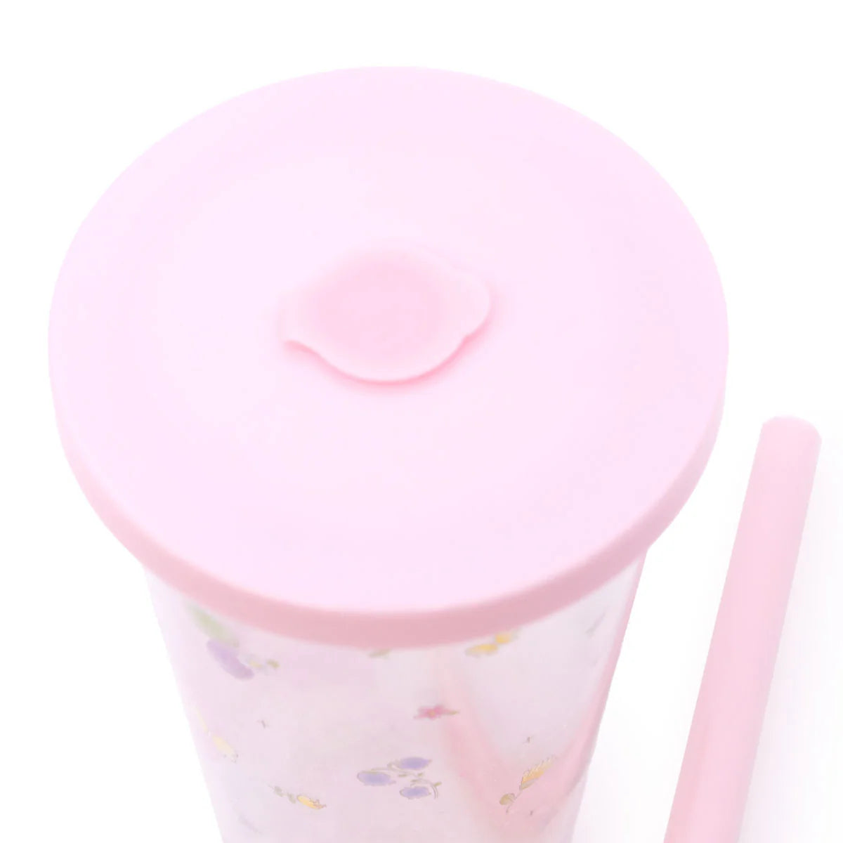 A front view of the glittery boba cup with fairy My Melody design and pink boba straw