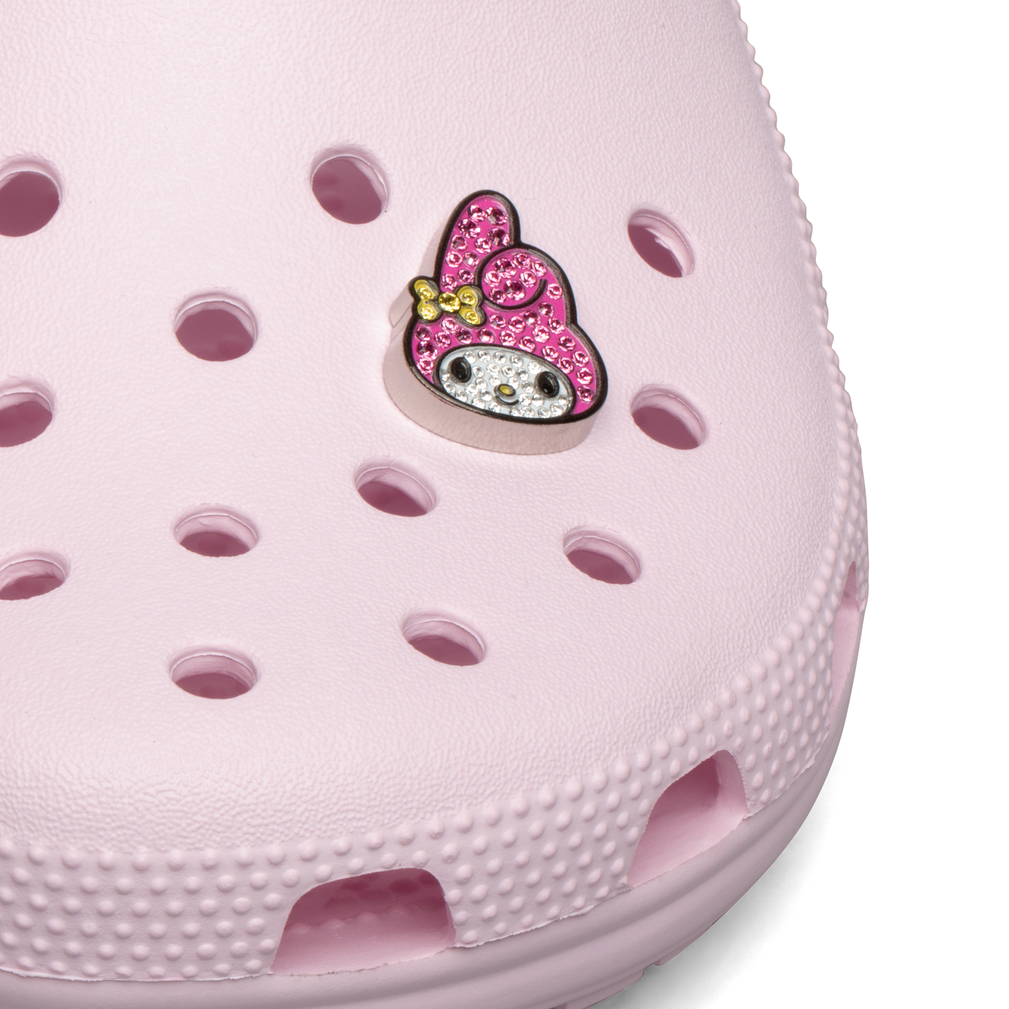 My Melody Swarovski Crocs Jibbitz™ charm with sparkling crystals on a pair of Crocs