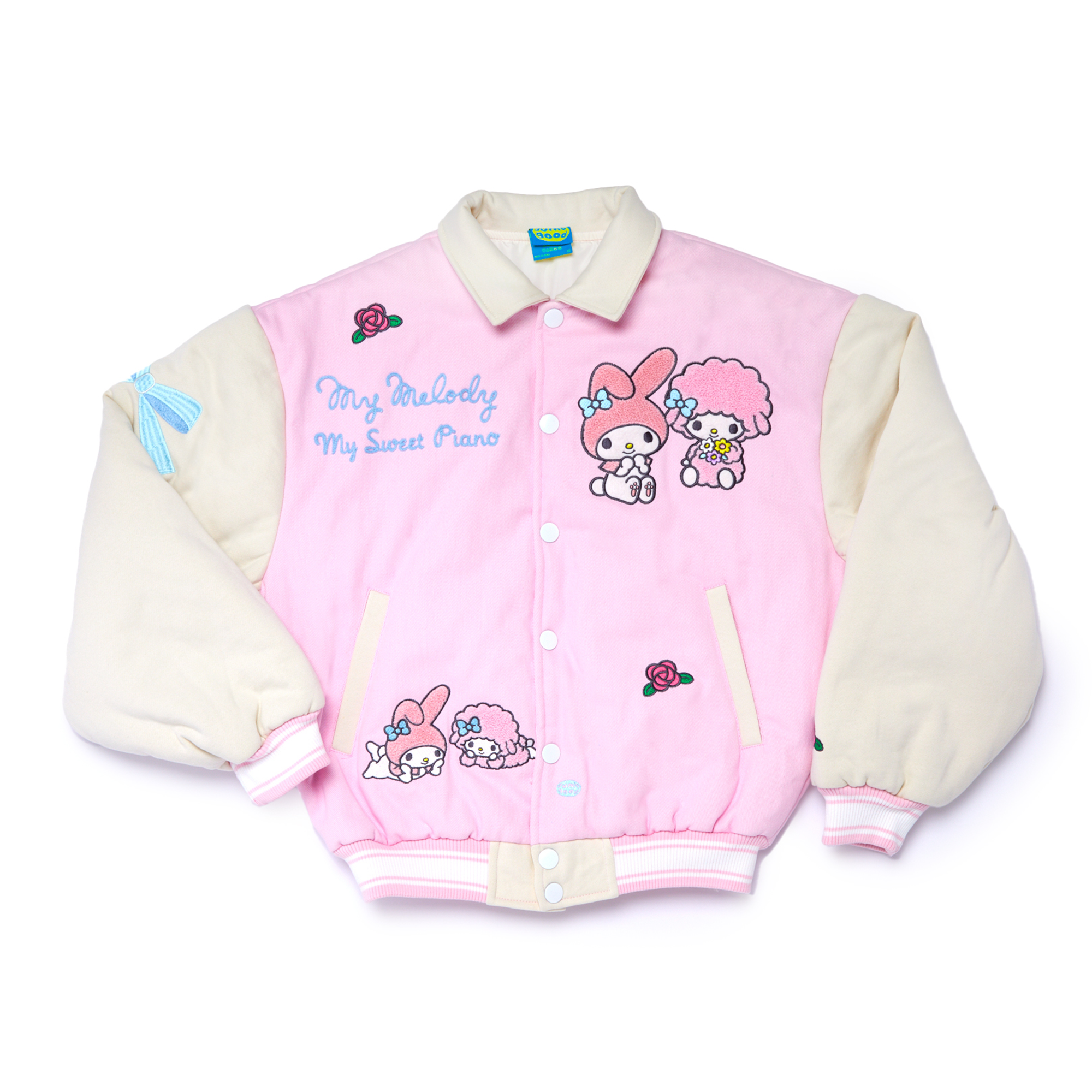 Front-facing view of oversized jean jacket with faux leather sleeves and embroidered My Melody