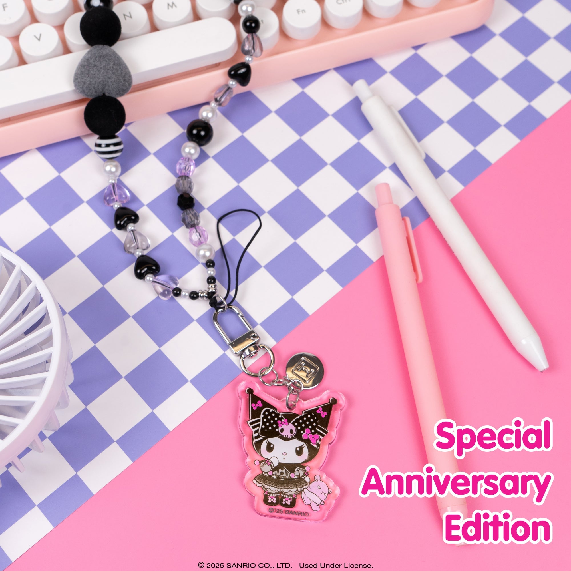 Beaded phone charm featuring Kuromi’s 20th anniversary design with detachable charm
