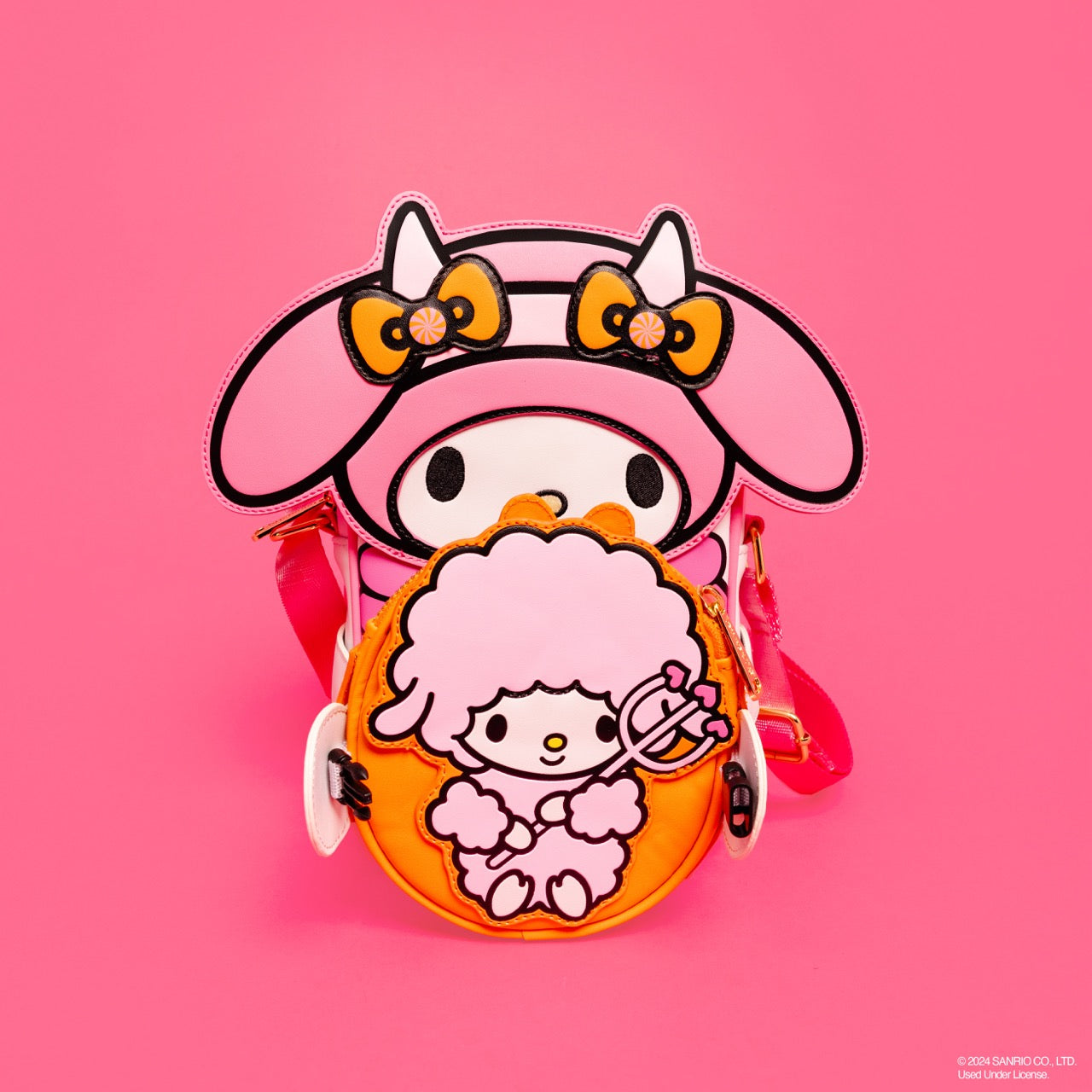 Front view of My Melody bag with devil horns and embroidered bows