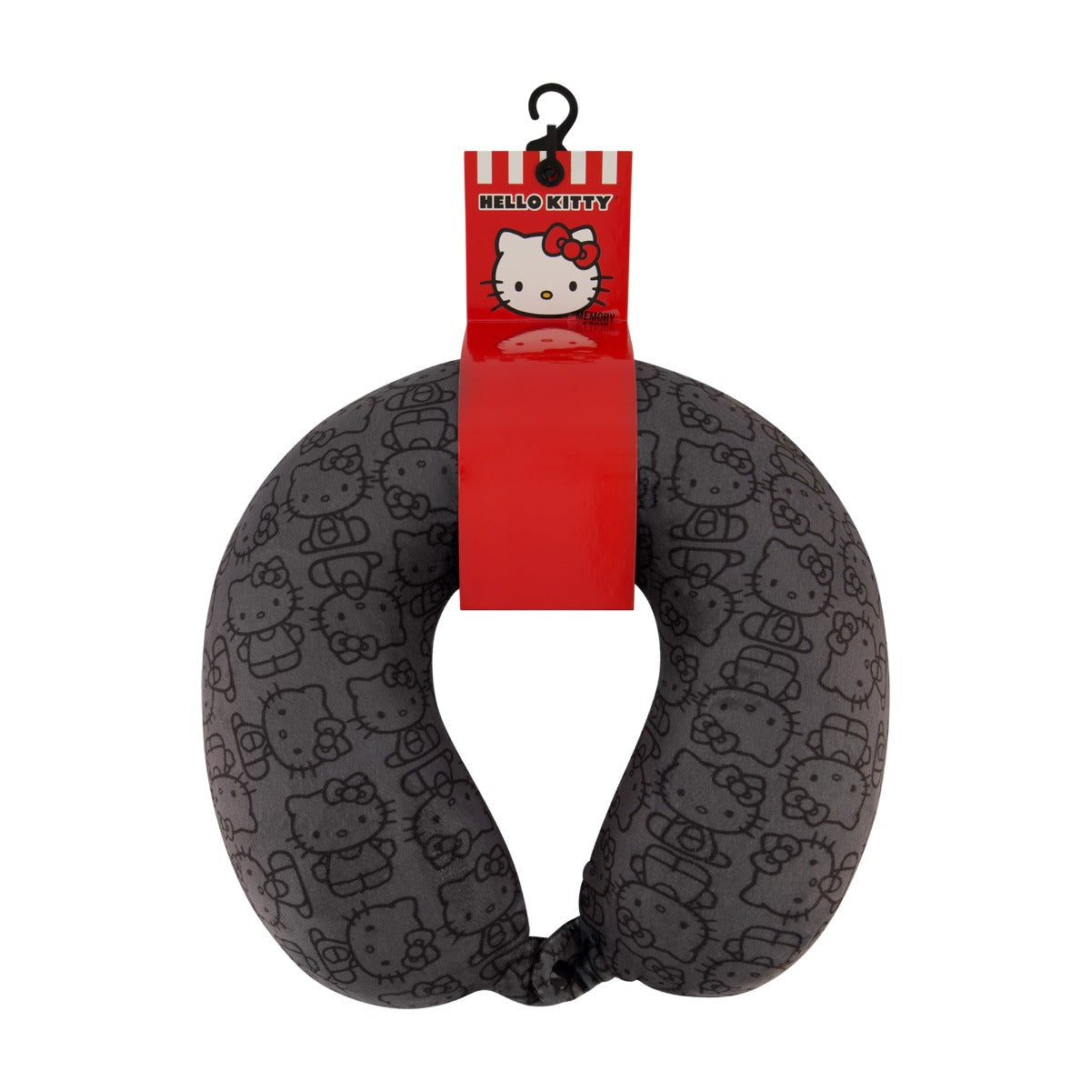Close-up of memory foam Hello Kitty travel pillow in use on an airplane