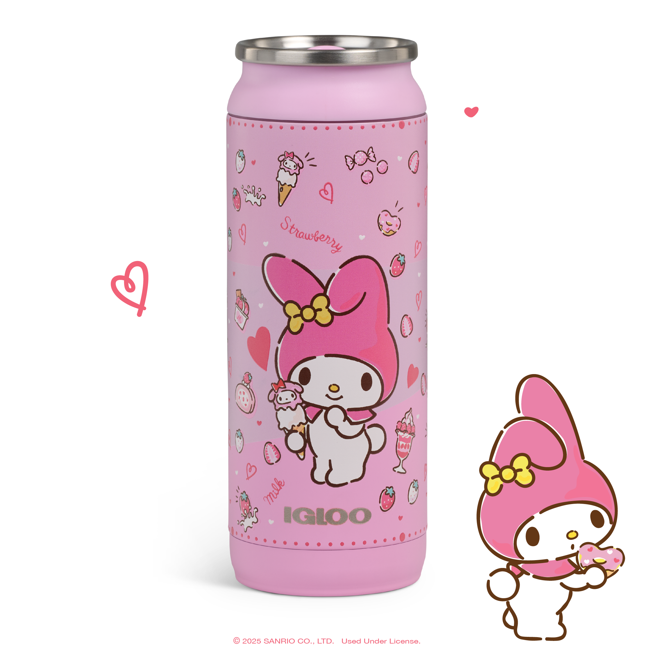 My Melody 50th Anniversary can cooler showing pink artwork and splashproof lid