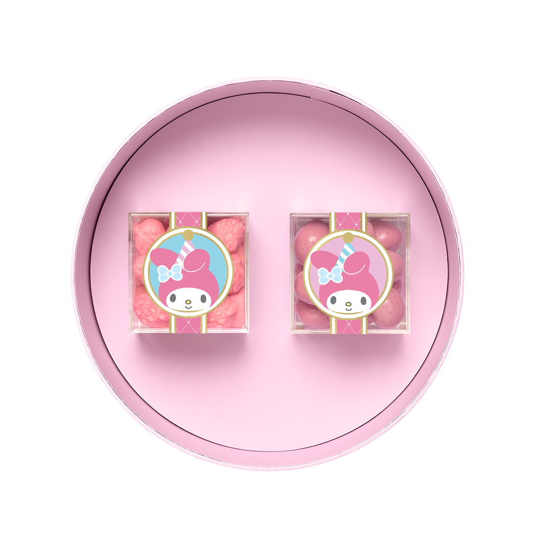 Gift-ready My Melody candy set with ribbon and personalized tag