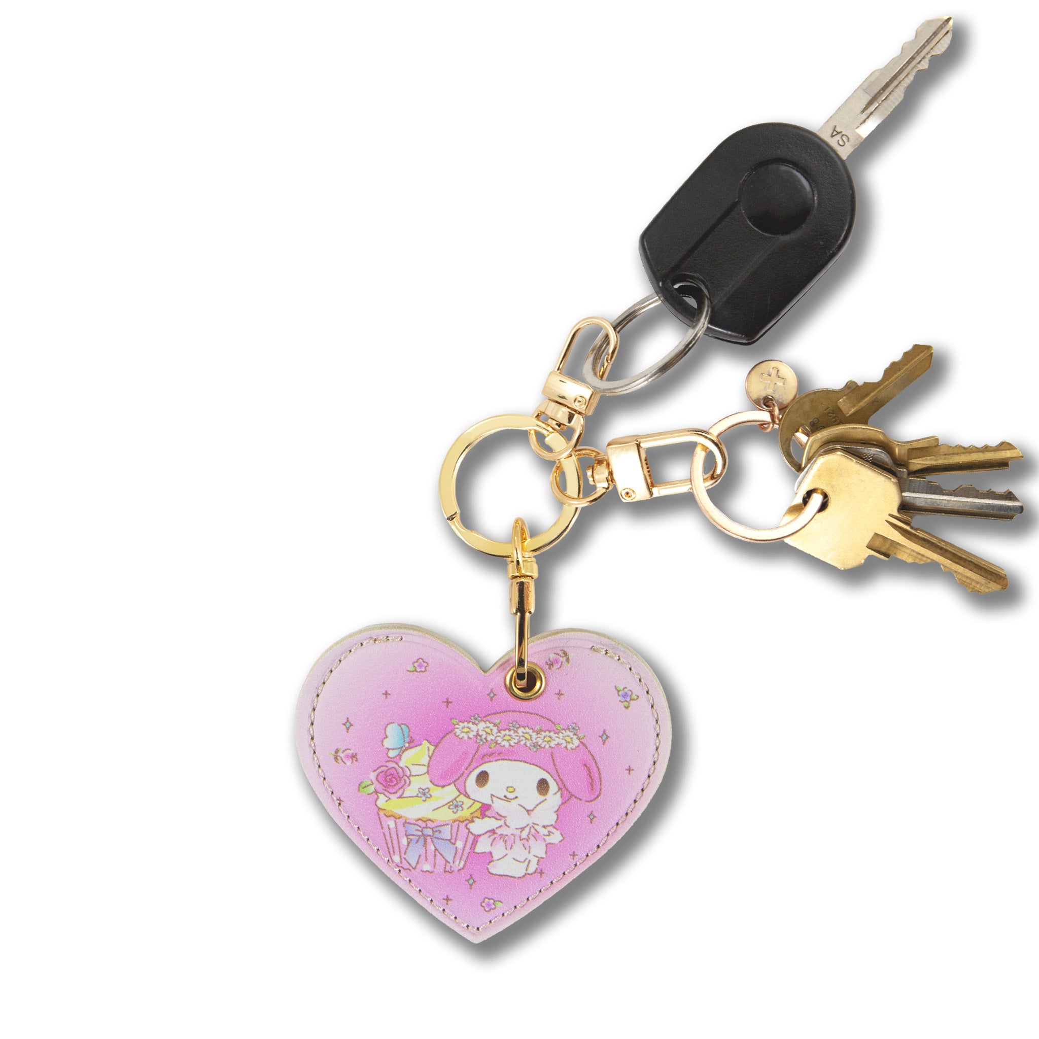Close-up of My Melody leather AirTag keychain showcasing fairy artwork.