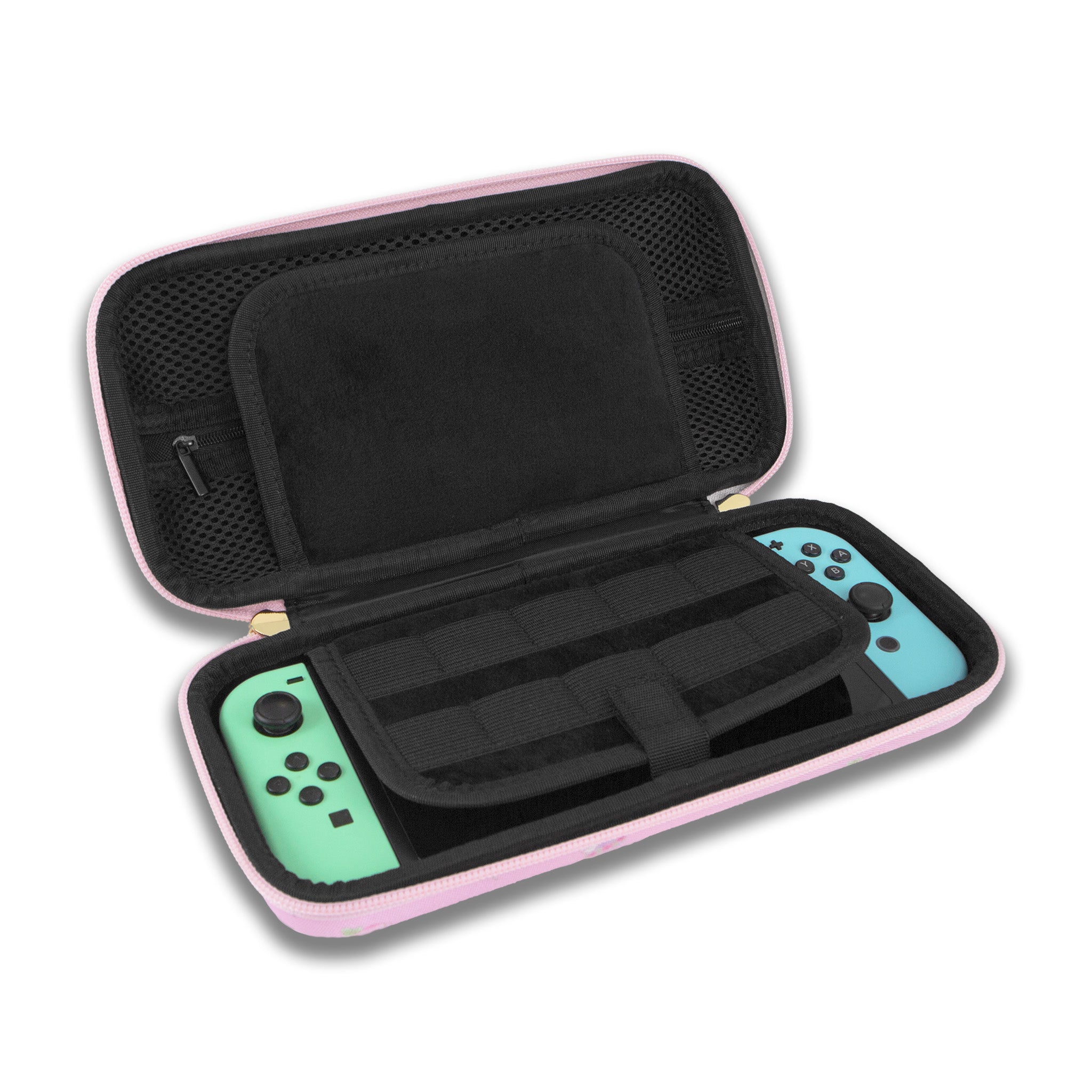 Top-down angle of carrying case beside Nintendo Switch Lite and travel essentials