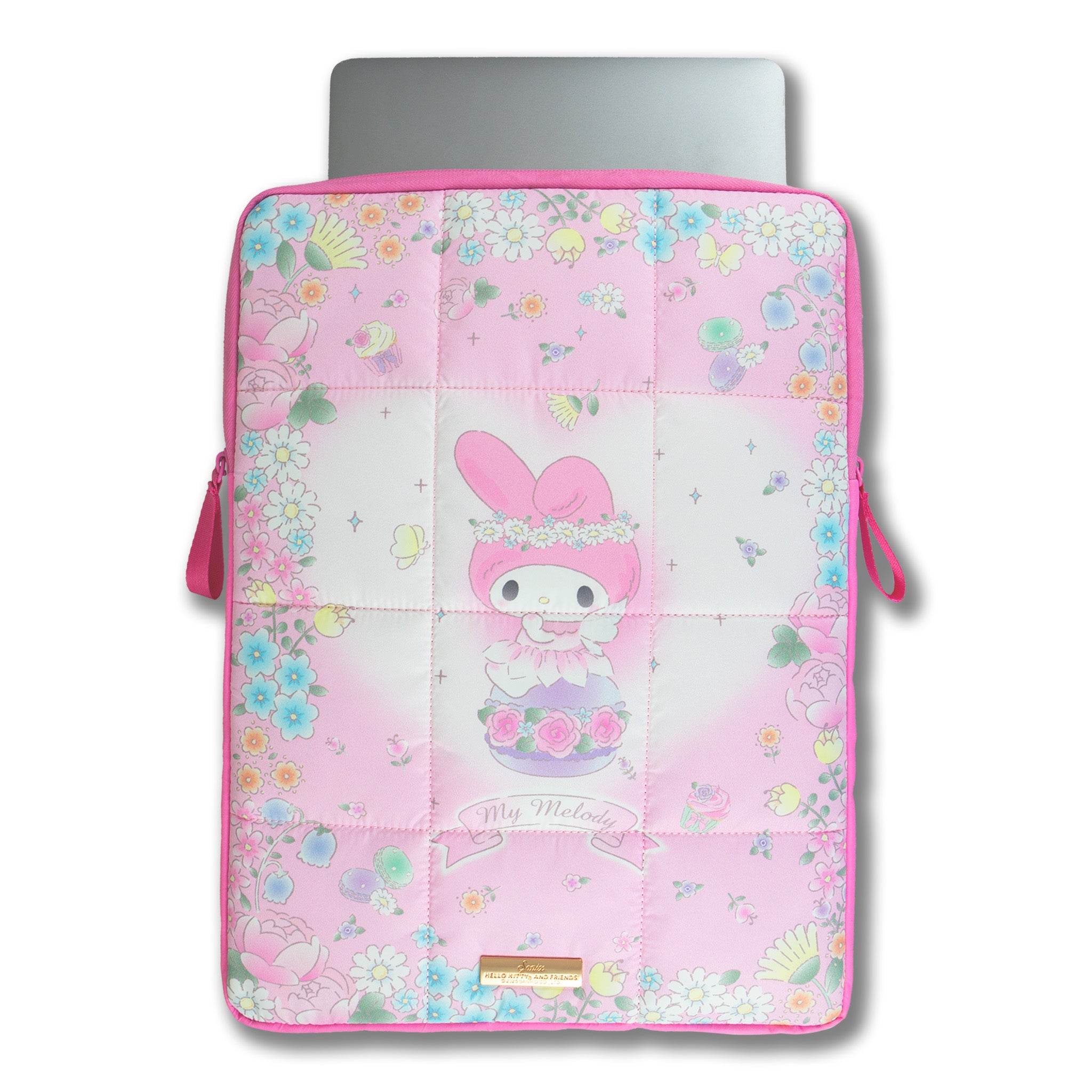 Side view of quilted laptop case with 16 inch MacBook Pro inside