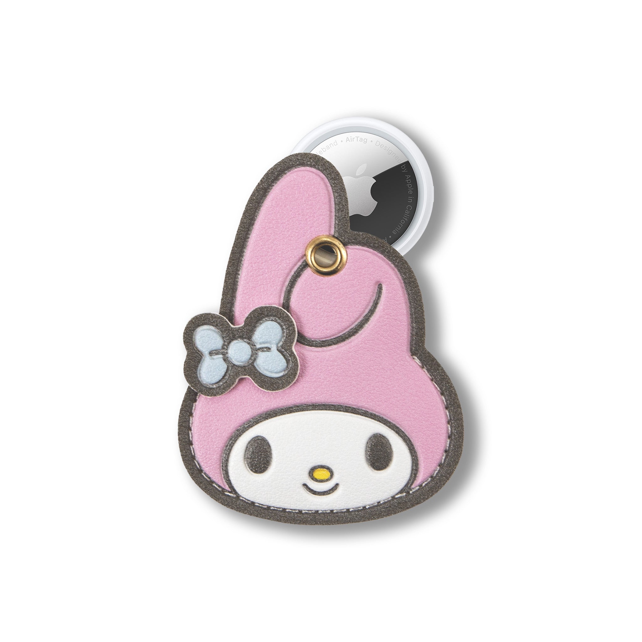 Close-up of My Melody AirTag keychain on a keyring, showing vegan leather texture