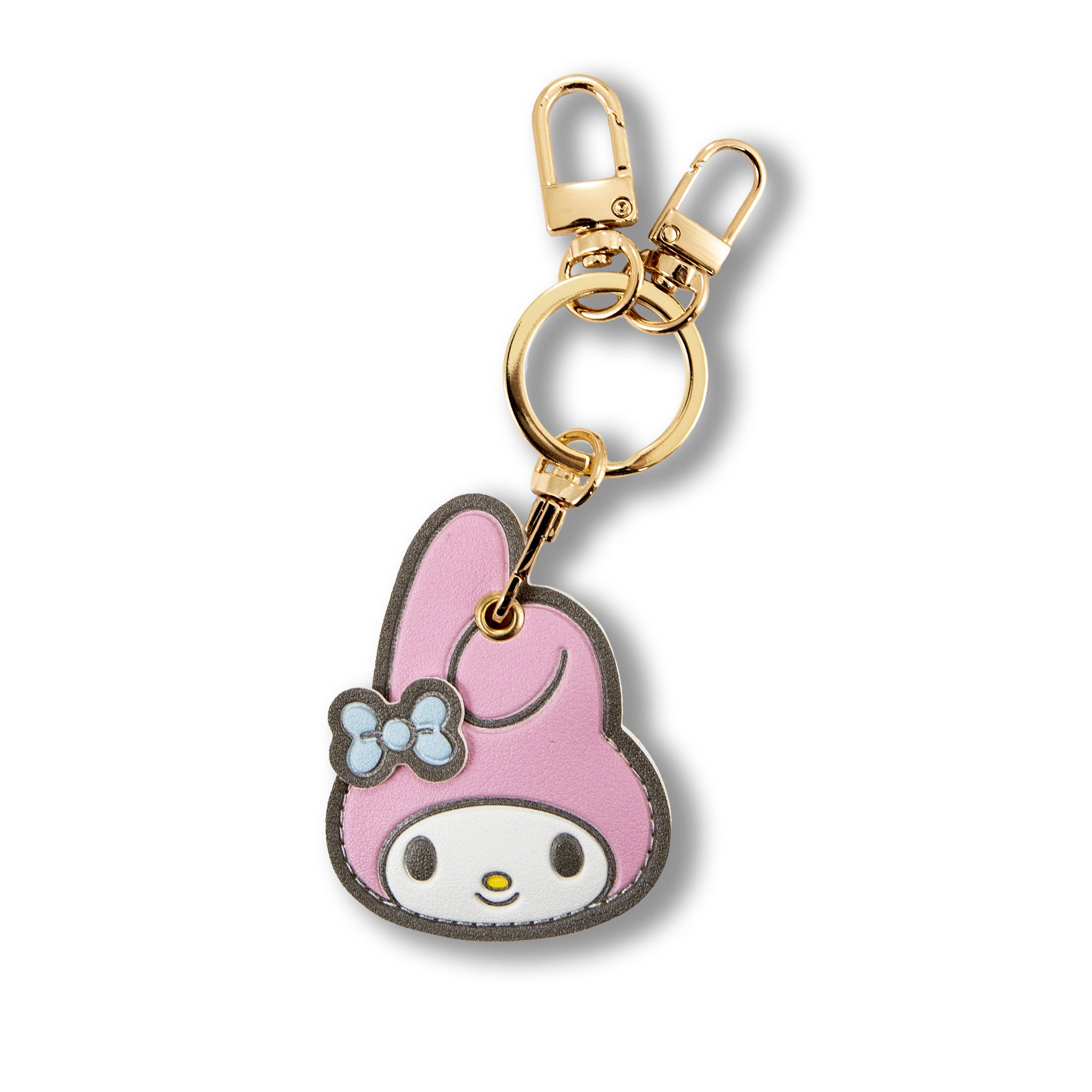 Close-up of My Melody AirTag keychain on a keyring, showing vegan leather texture