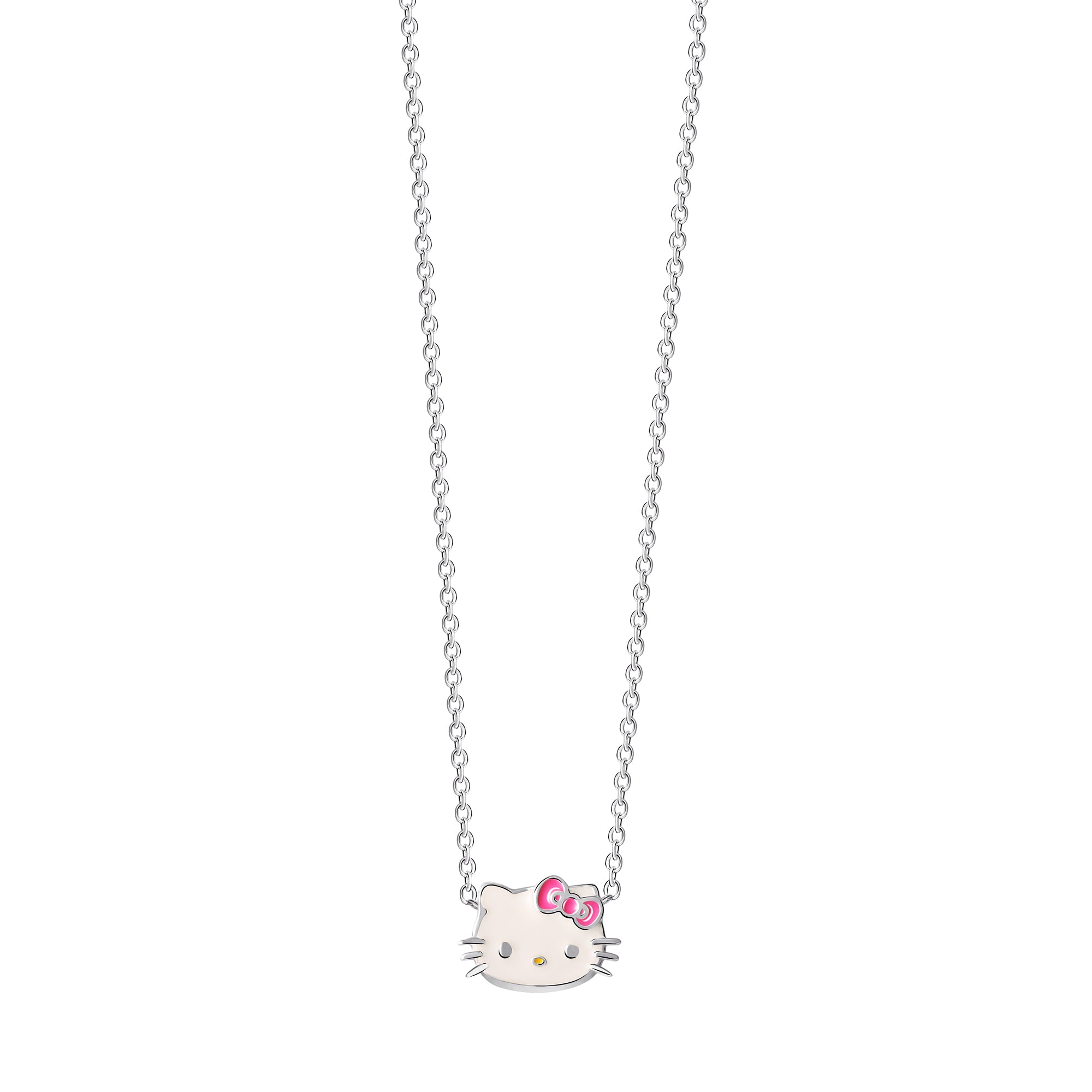A side view of the Hello Kitty necklace, highlighting its 925 sterling silver chain.
