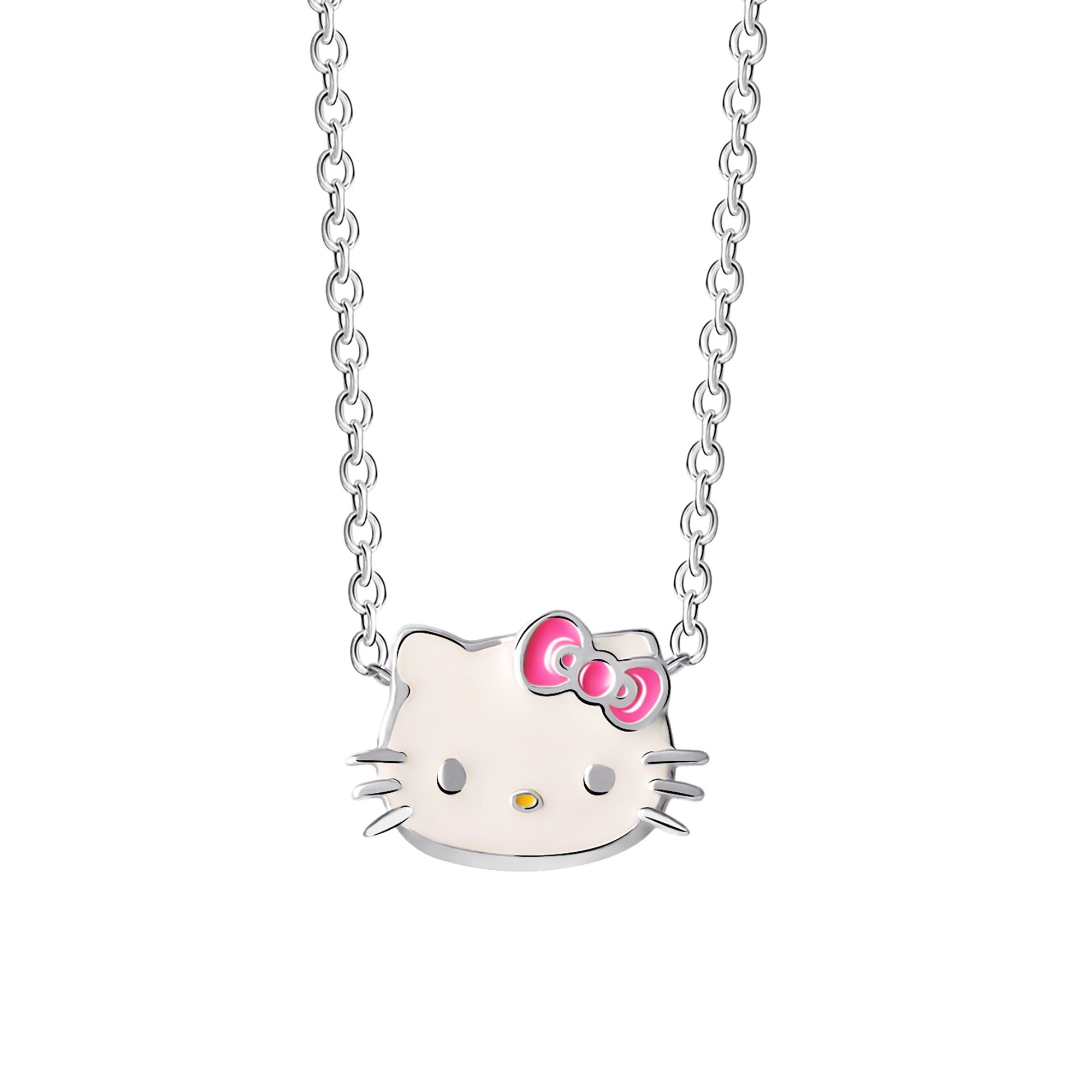 Hello Kitty sterling silver enamel necklace on a model, layered with other necklaces.