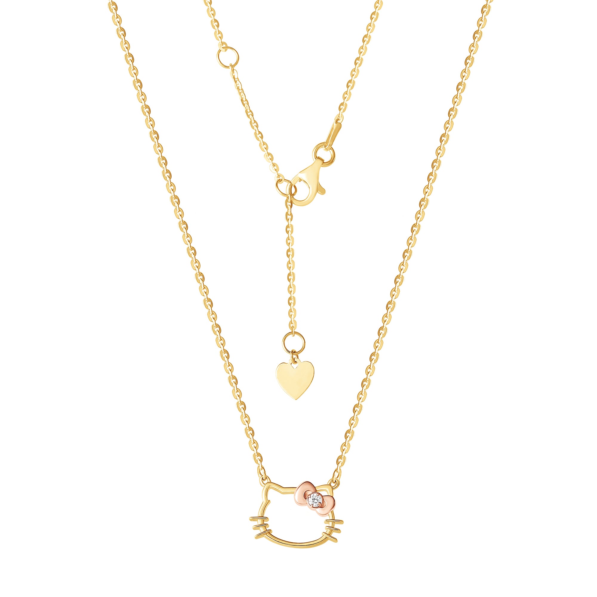 Model wearing the Hello Kitty necklace layered with other gold-plated necklaces.