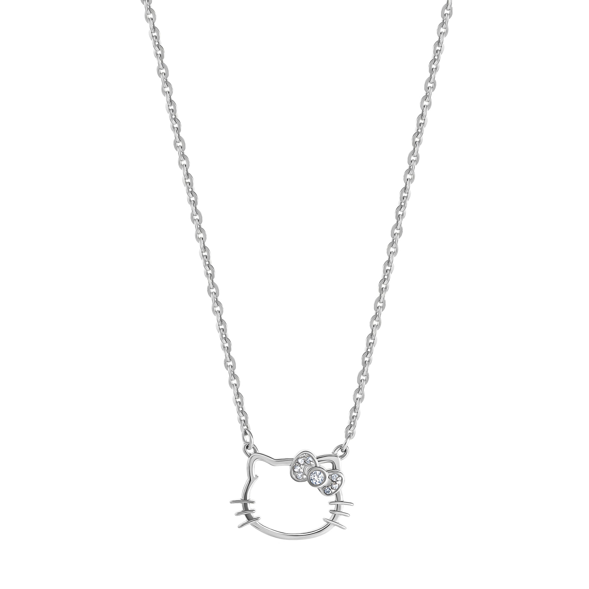 Hello Kitty sterling silver necklace being worn, layered with other jewelry pieces