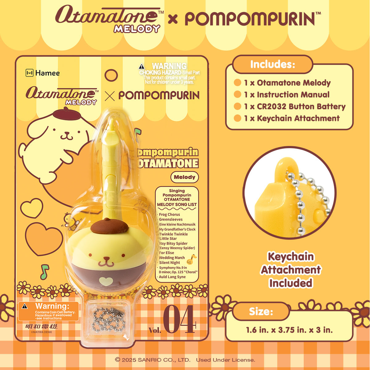 Child playing with Pompompurin plushie Otamatone, enjoying music