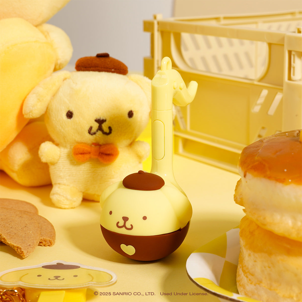 Close-up of Pompompurin plushie Otamatone showcasing its cute design