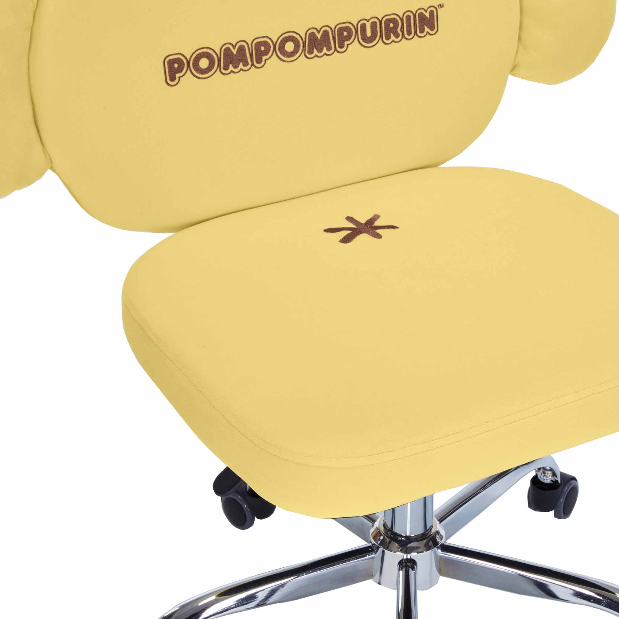 Close-up of the adorable Pompompurin vanity chair with velvet upholstery and 3D ears