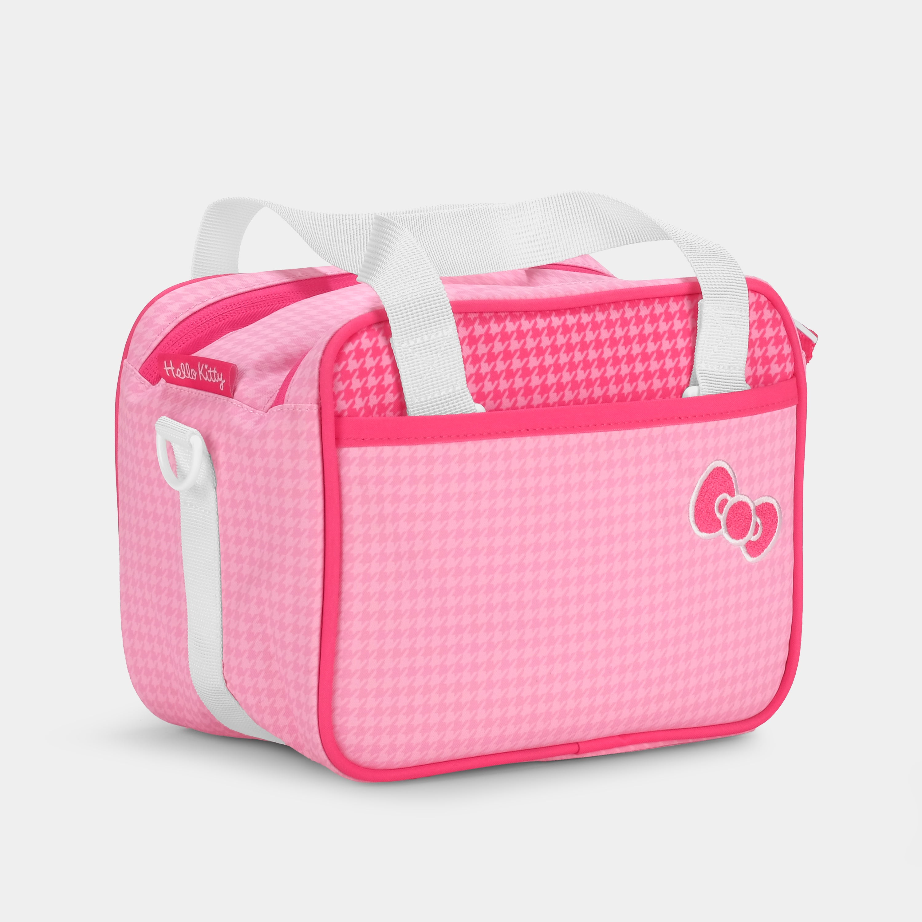 Close-up of Hello Kitty Polaroid 600 camera bag showing houndstooth detail