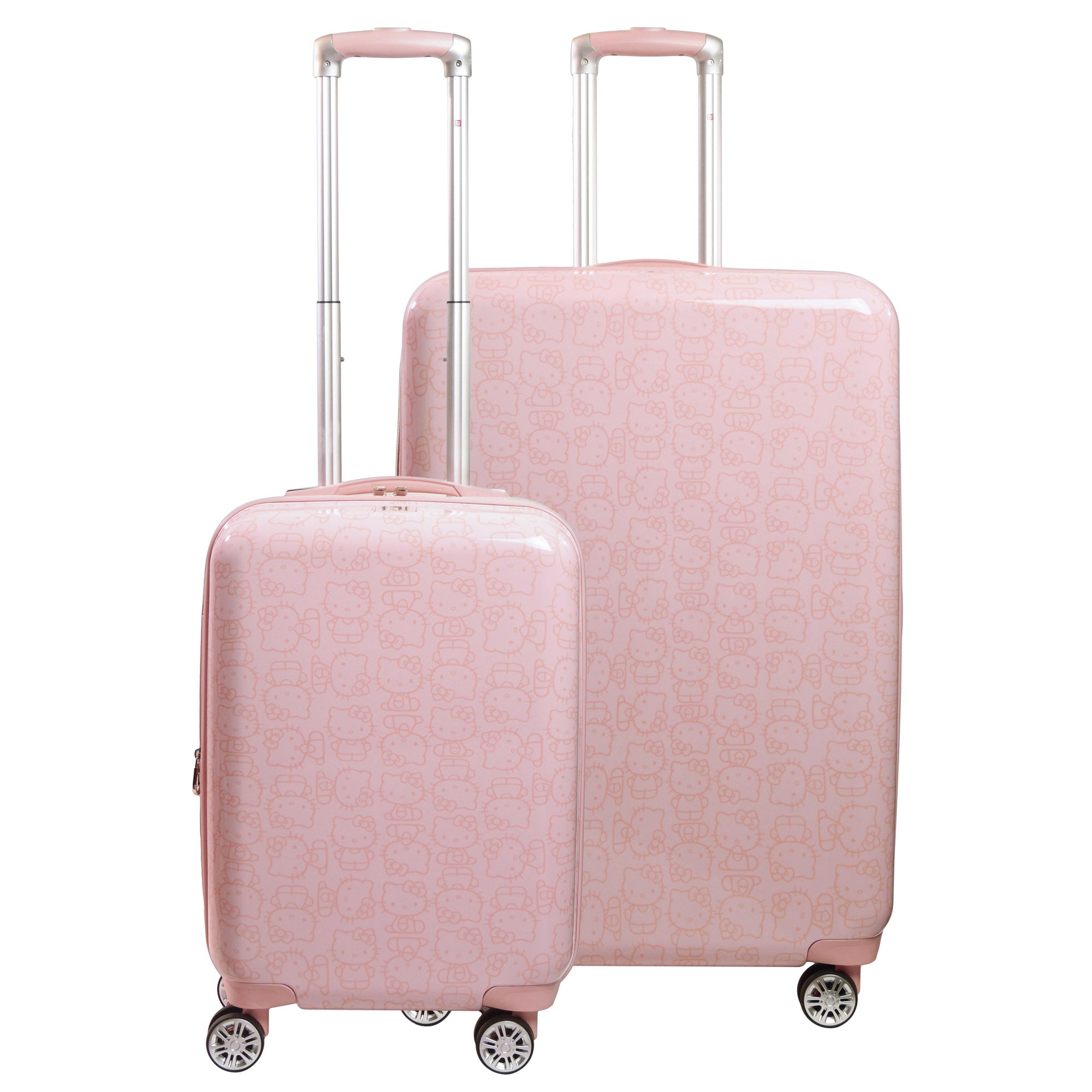 Front view of Hello Kitty pink carry on suitcase.