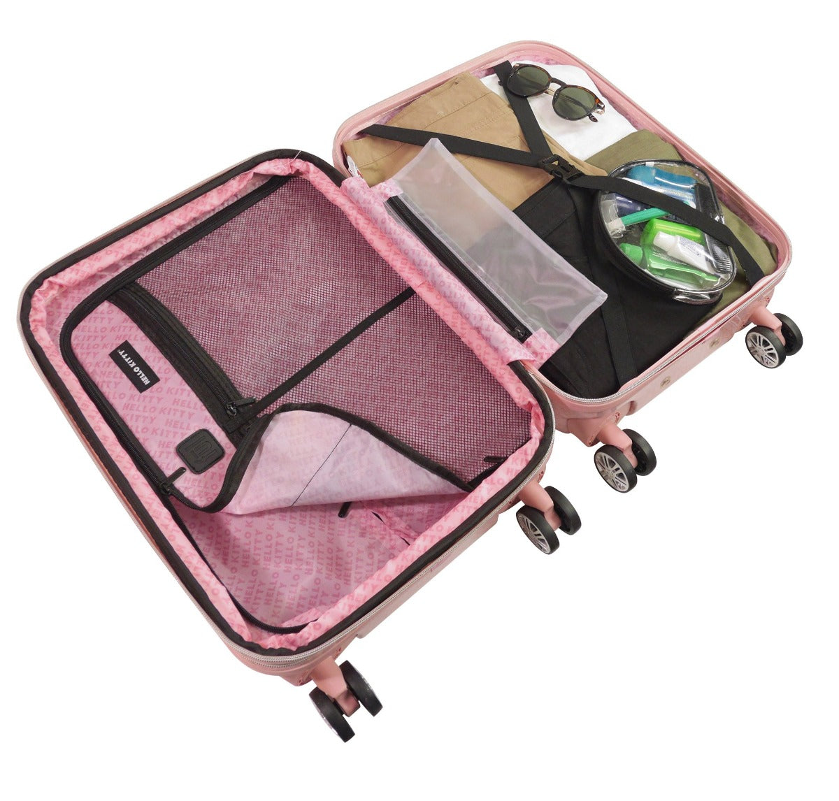 Close-up of Hello Kitty print on hardshell luggage