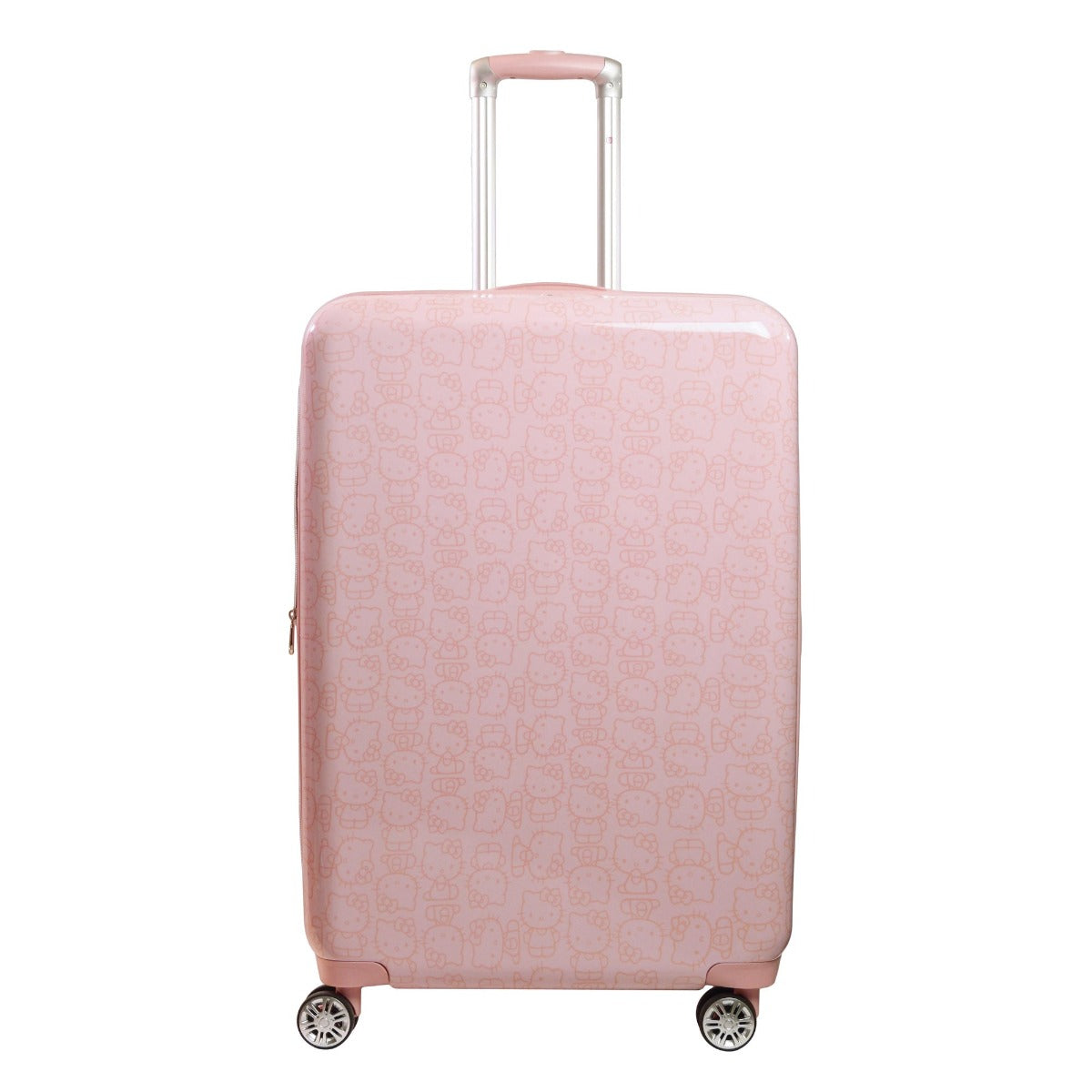 Top-down shot of the large hard shell suitcase interior showing zippered compartments and compression straps.