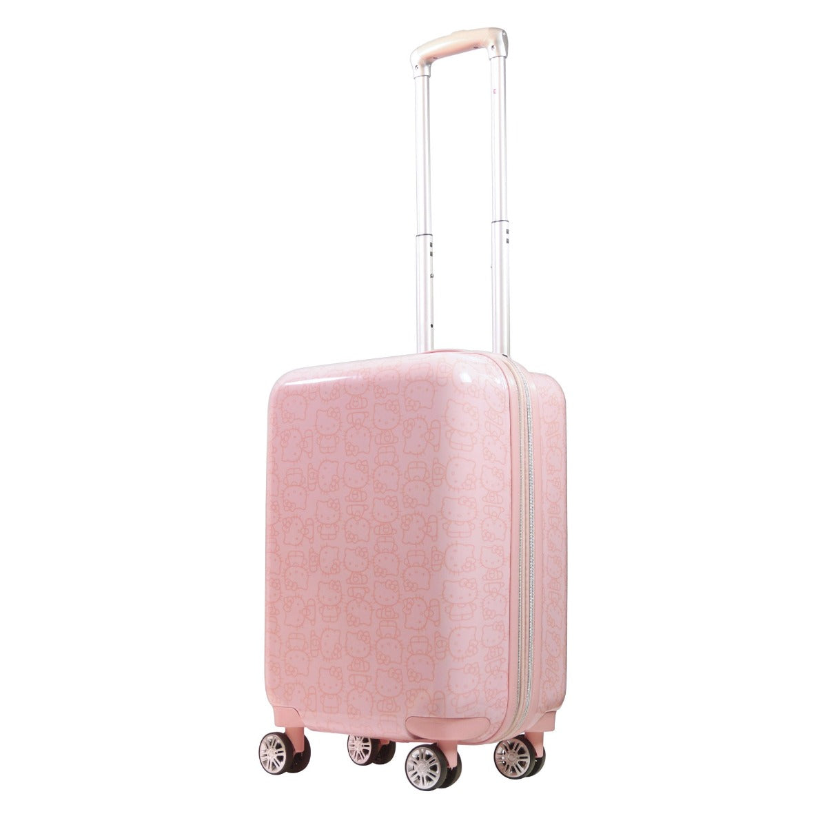 Front view of Hello Kitty pink hard shell luggage with spinner wheels.