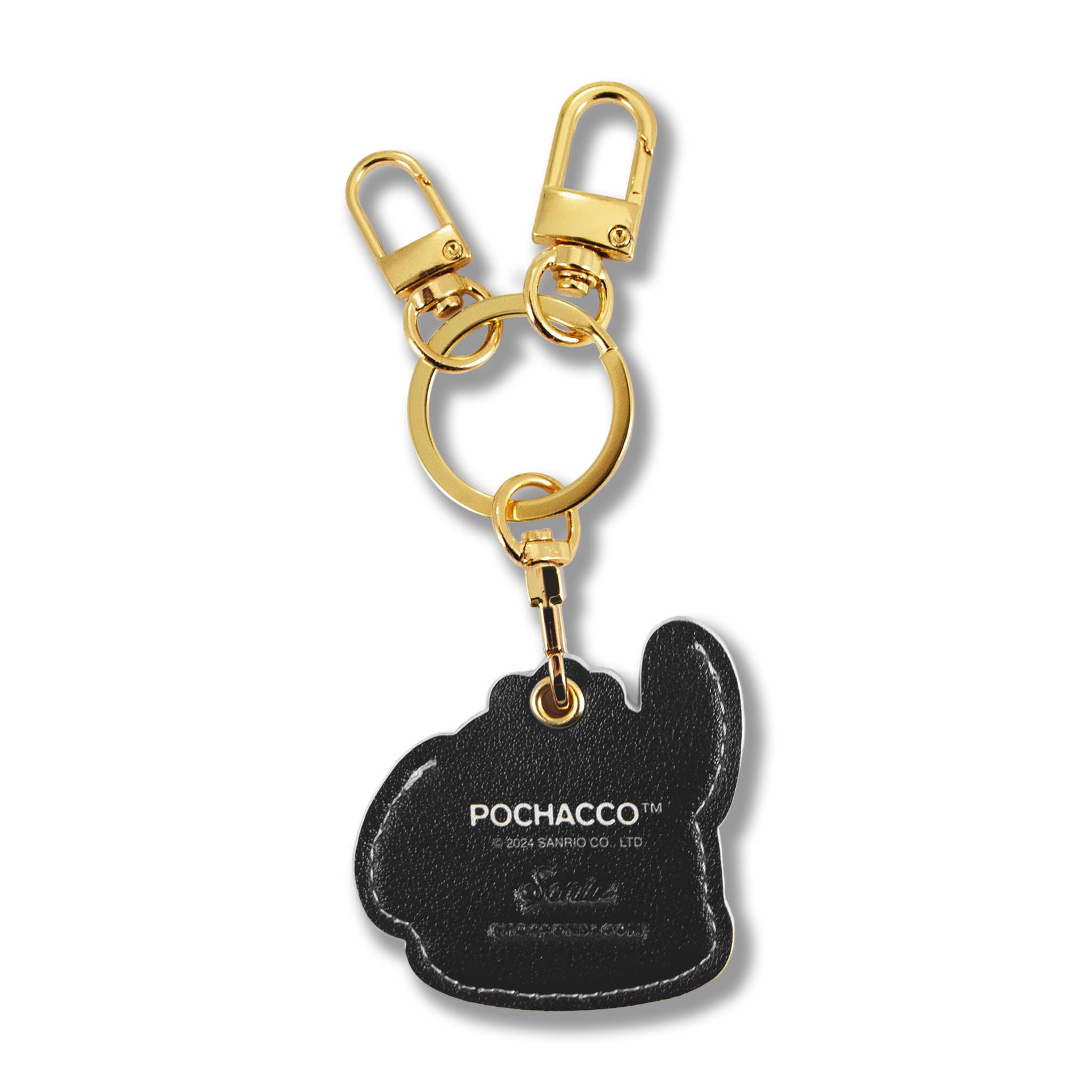 Back view of the airtag holder keychain with carabiner attached to denim bag