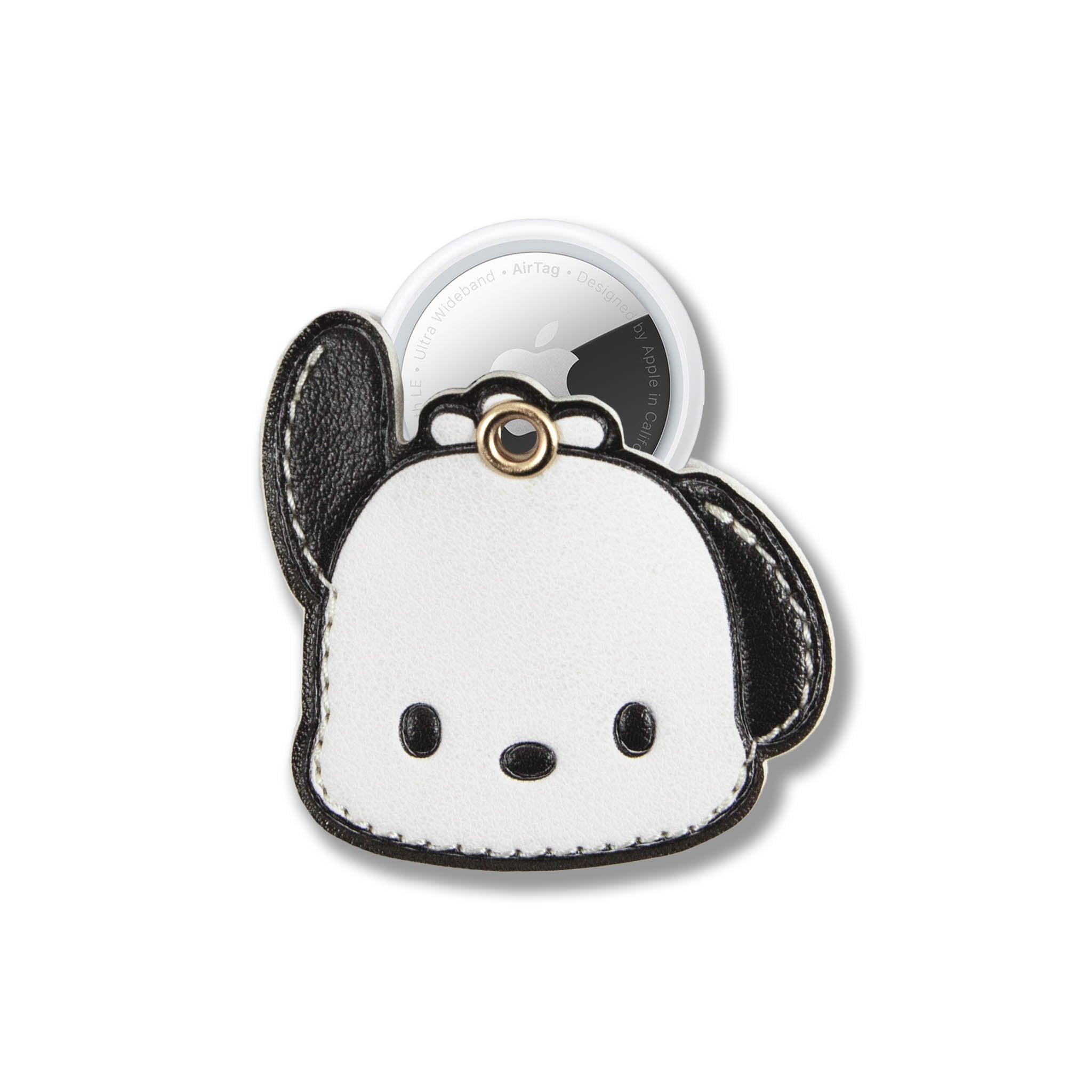 Lifestyle shot of leather airtag keychain hanging from suitcase handle