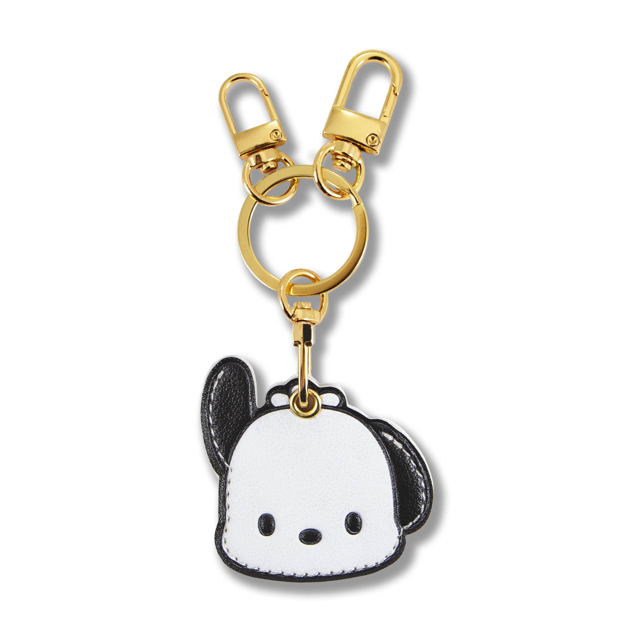 Close-up of Sonix AirTag keychain in vegan leather featuring Pochacco character