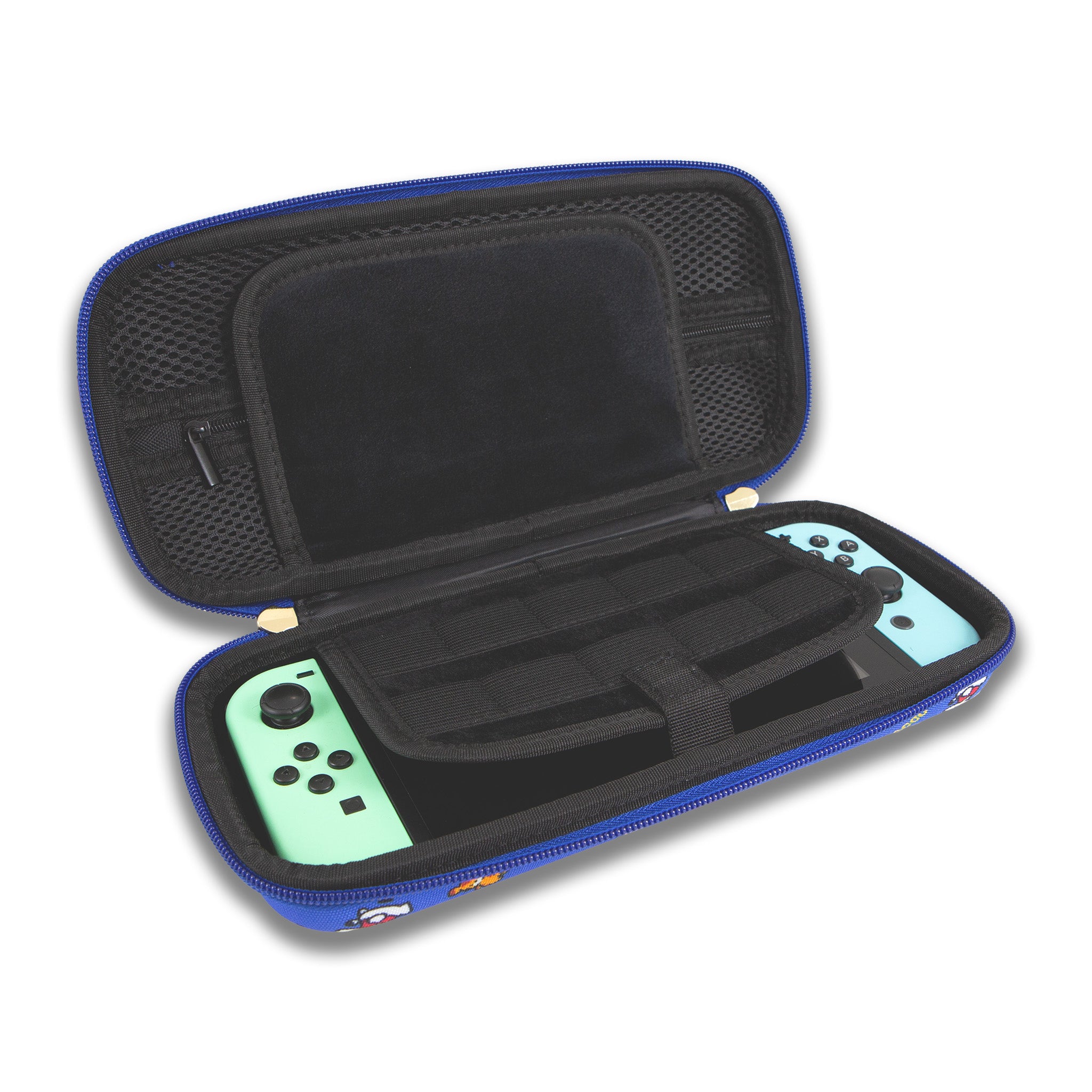 Side view of Nintendo Switch carry case showing rubberized handle and zipper details