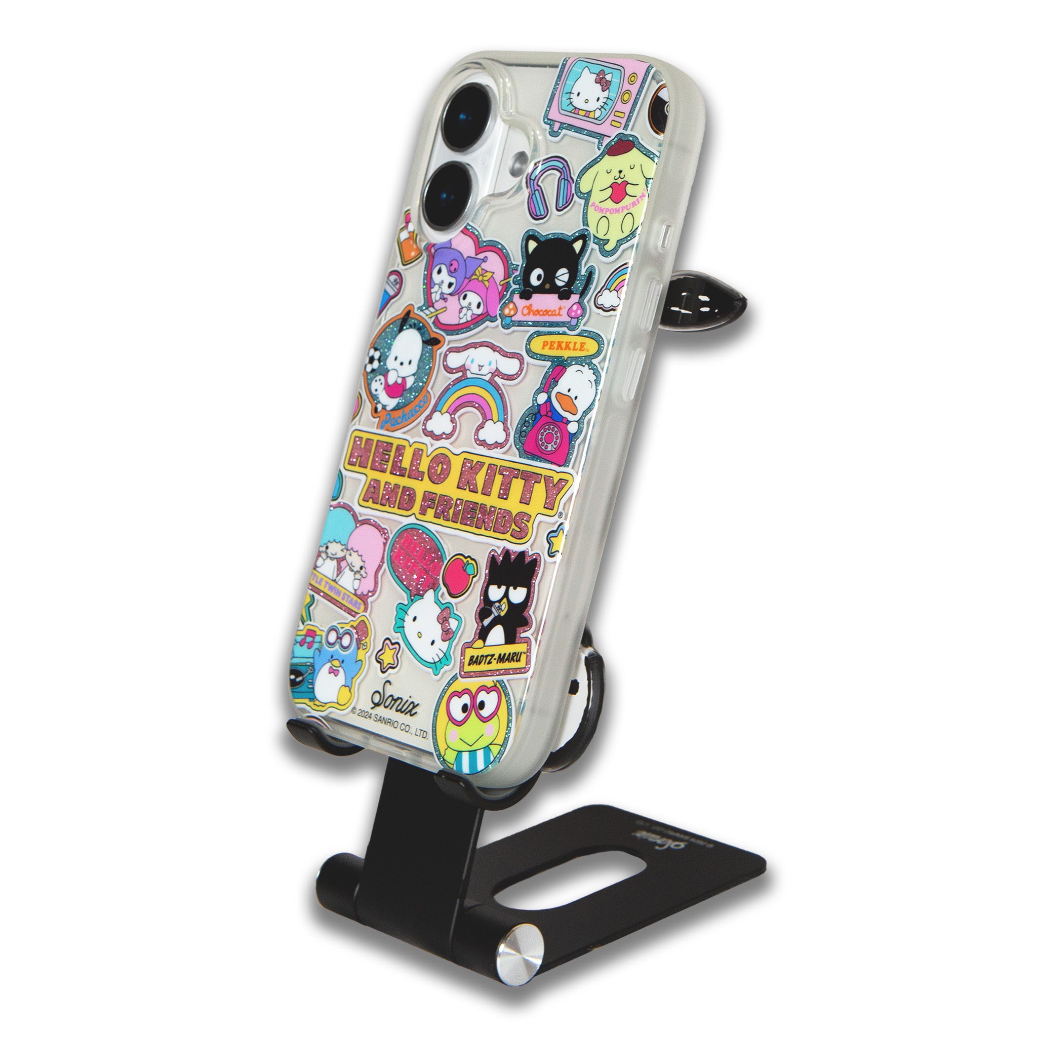 Close-up of Pochacco x Sonix phone stand on a desk, showing its adjustable design and Sanrio character